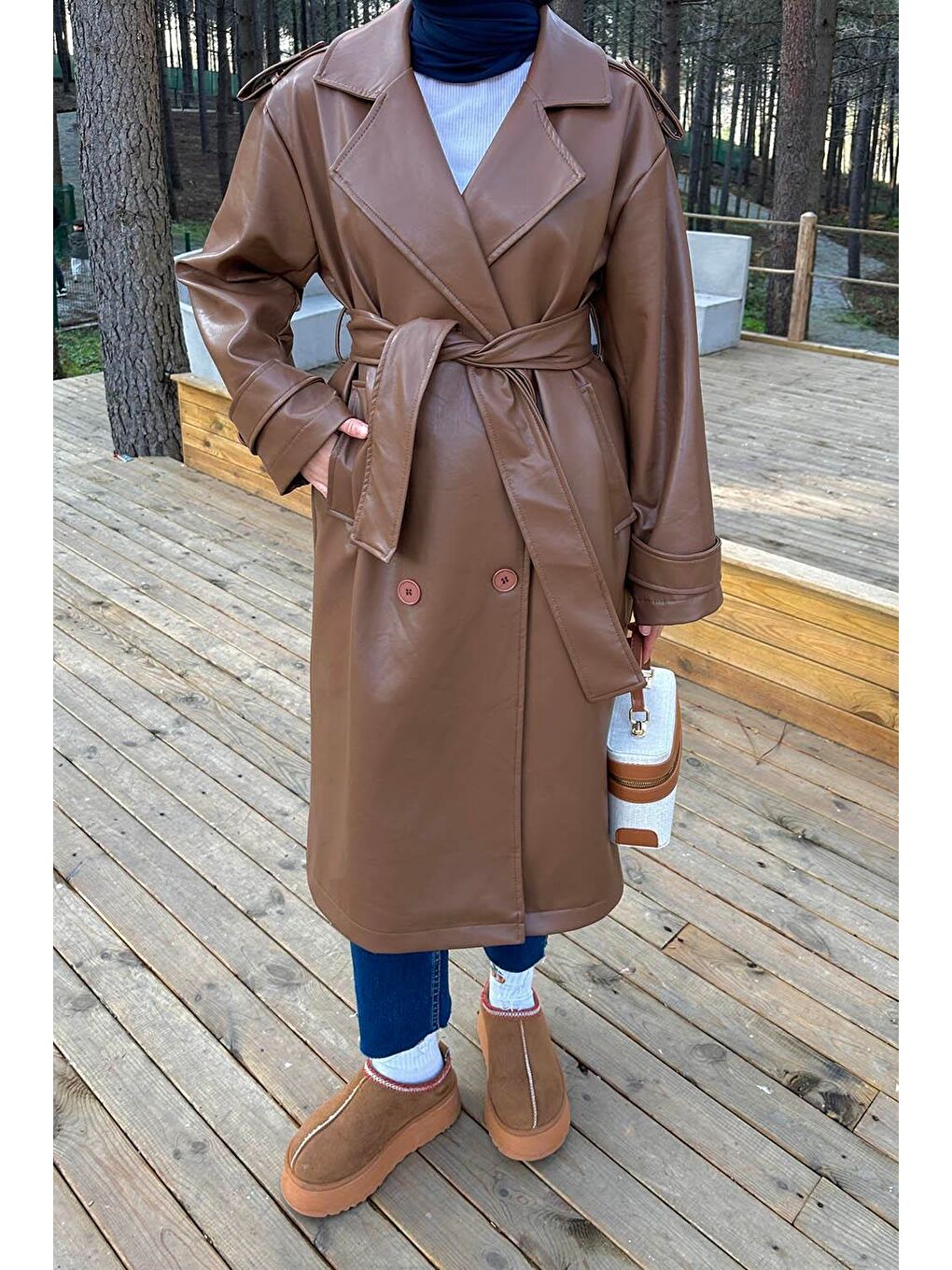 Kahverengi Kruvaze Yaka Deri Trenç Taba-2