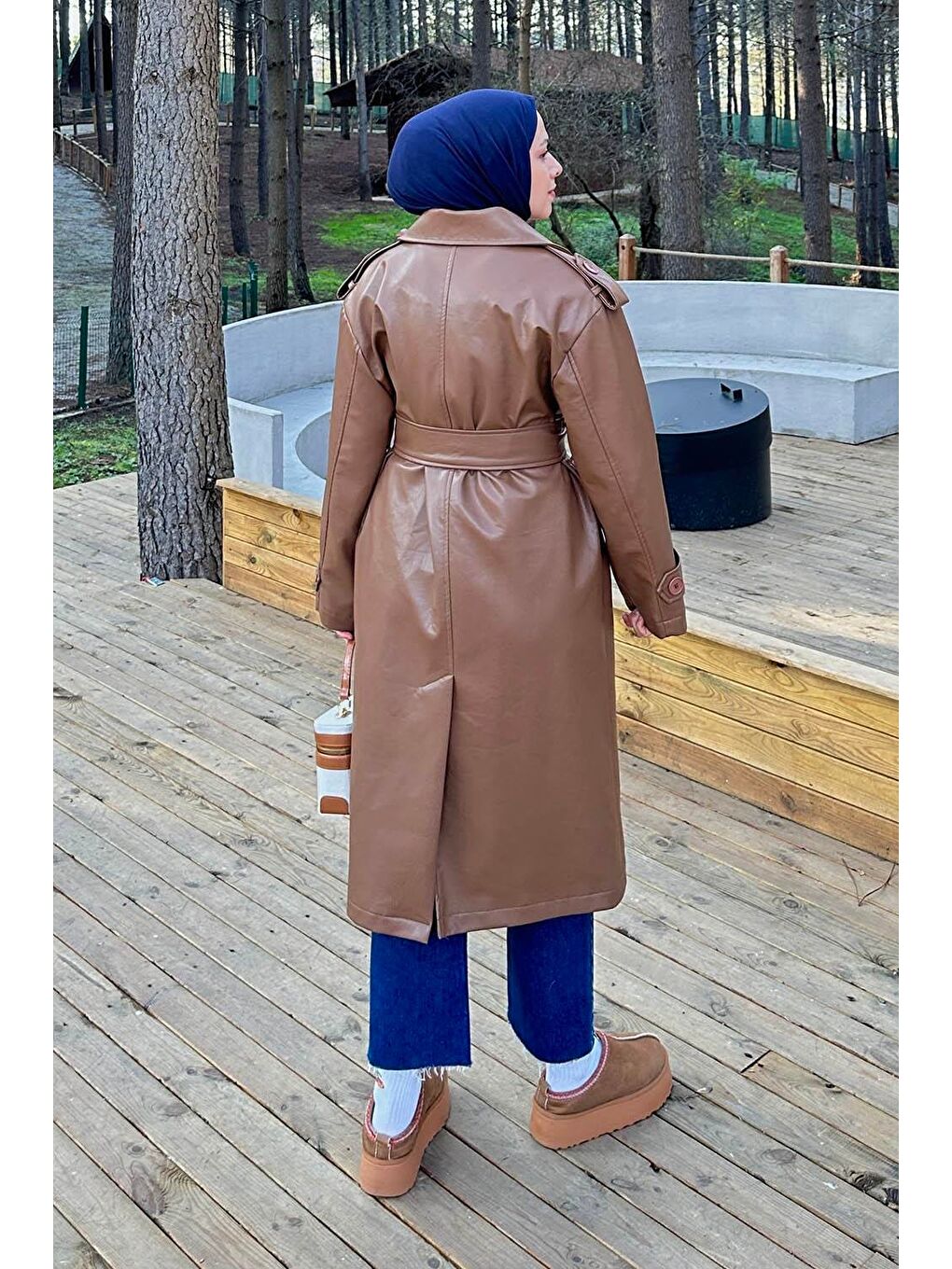 Kahverengi Kruvaze Yaka Deri Trenç Taba-3