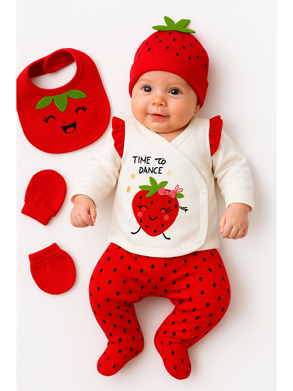 Kırmızı Kız Bebek Çilekli 5li Hastane Çıkış Seti Pamuklu-1
