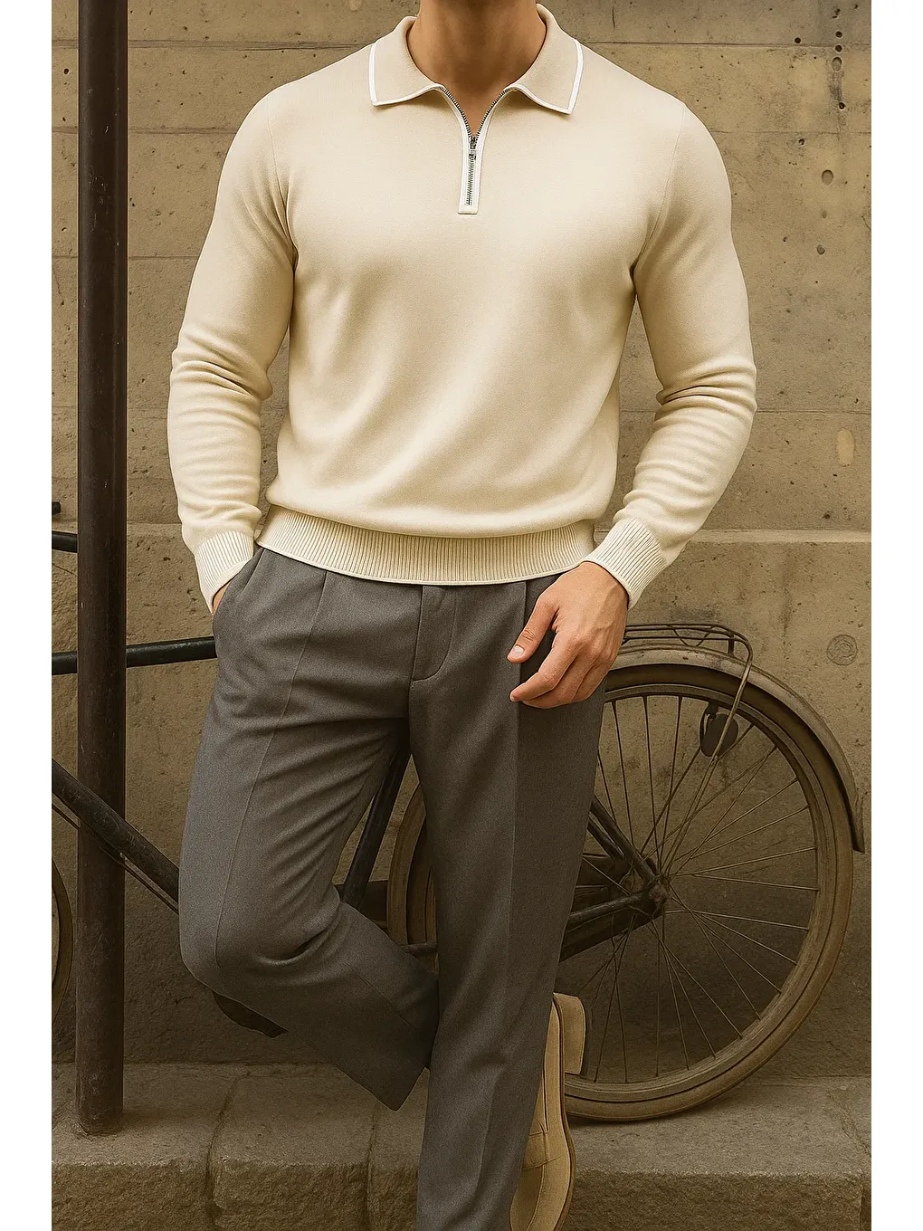 Ekru Erkek Günlük Çizgili Trend Krem Polo Yaka Kazak-2