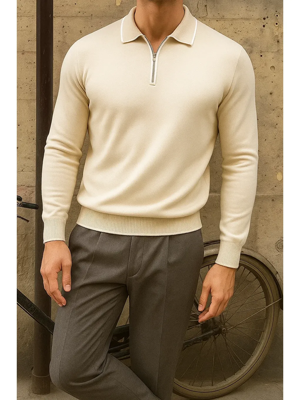 Ekru Erkek Günlük Çizgili Trend Krem Polo Yaka Kazak-3