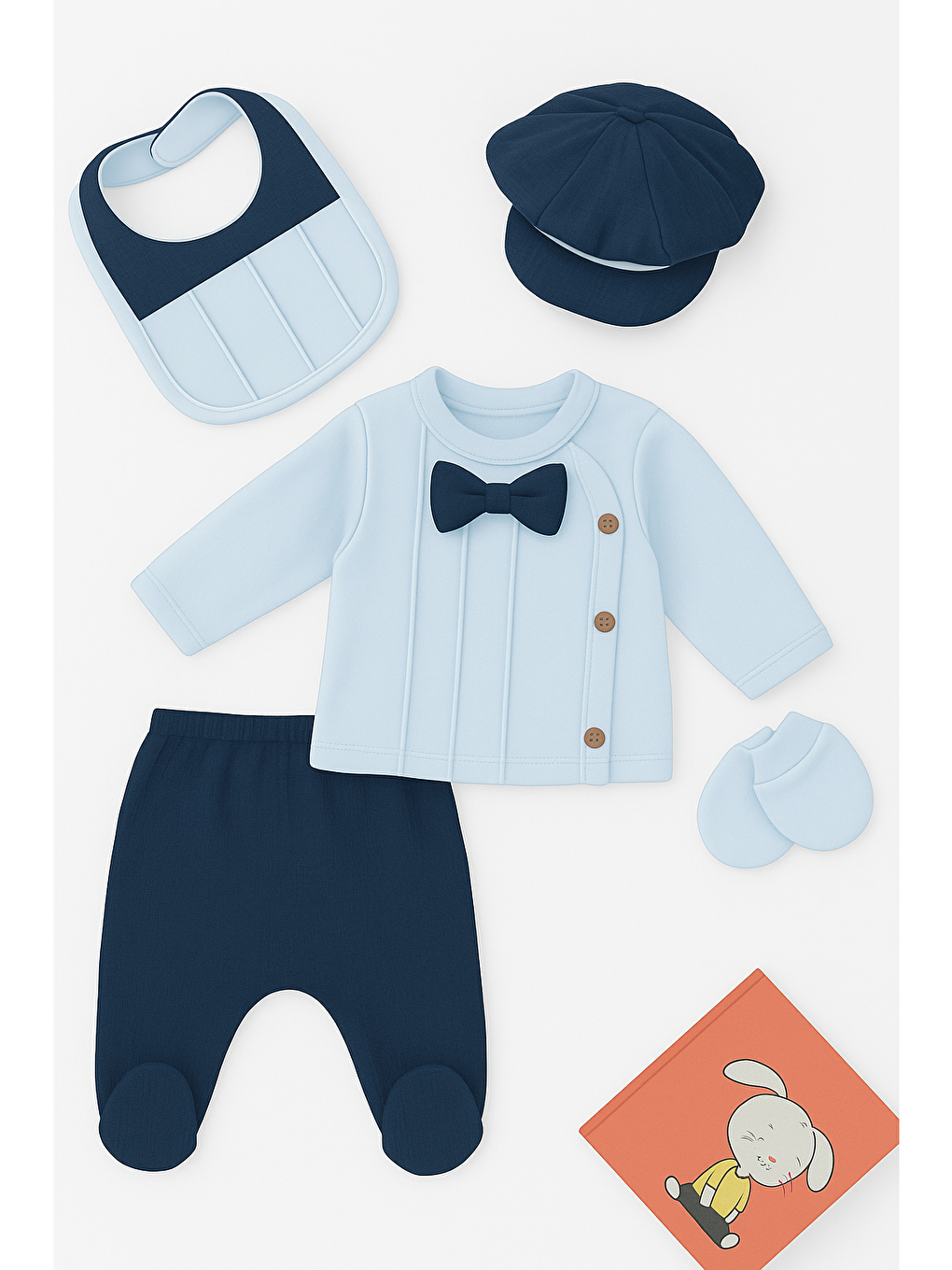 Lacivert Erkek Bebek Kasketli Papyonlu Lüx 5li Hastane Çıkış Seti