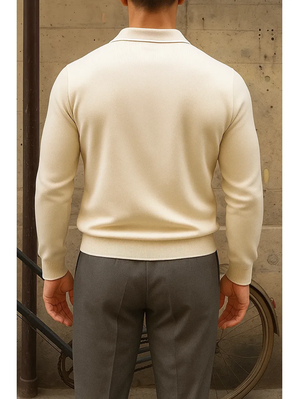 Ekru Erkek Günlük Çizgili Trend Krem Polo Yaka Kazak-4