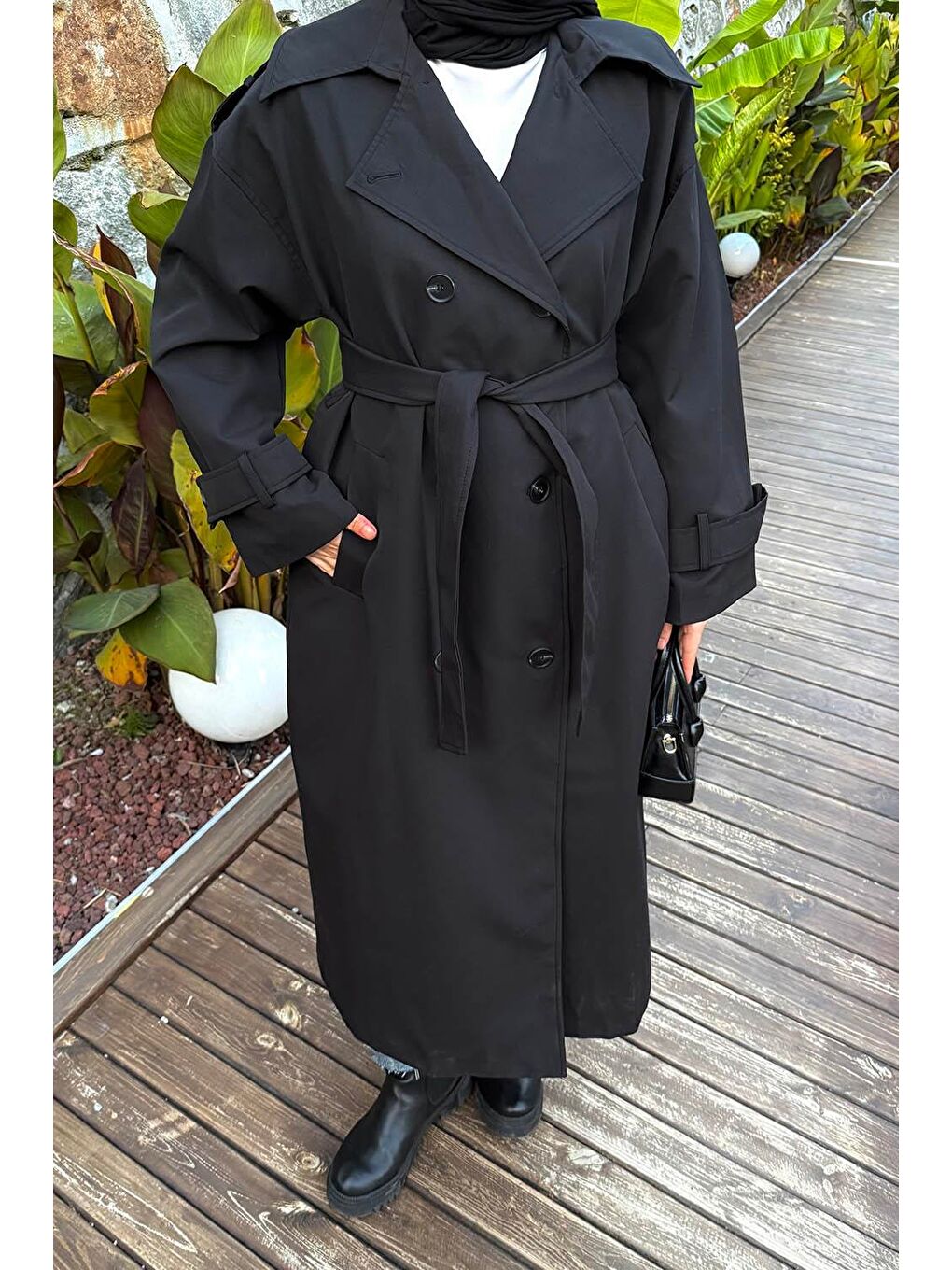 Omuz Apoletli Premium Trençkot Siyah-2