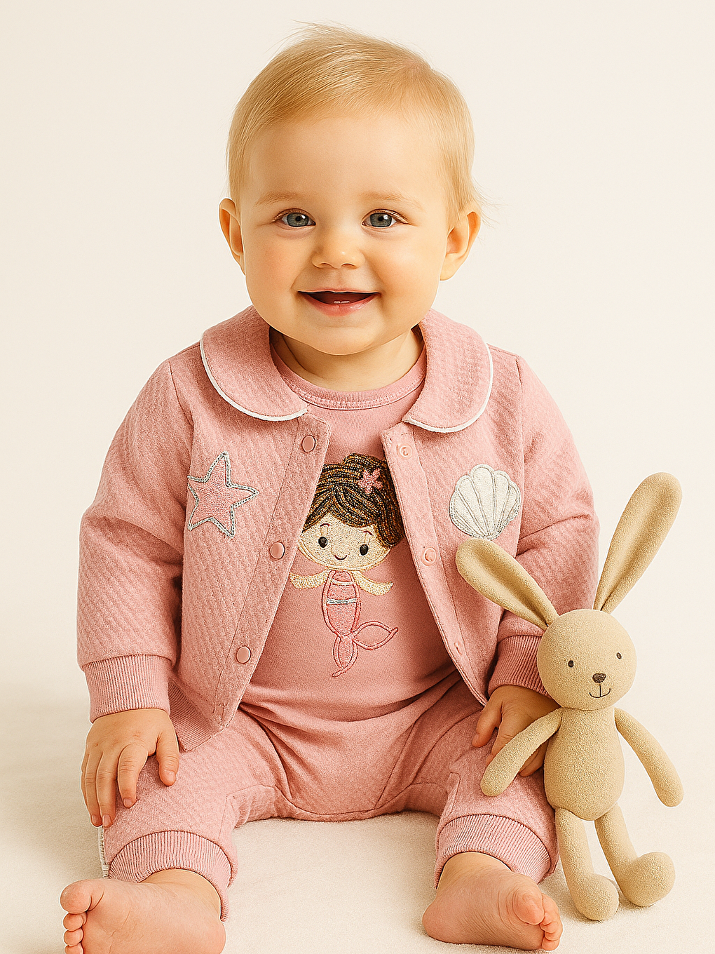 Pembe Kız Bebek DenizKızı 3lü Alt-Üst Hırkalı Takım Pamuklu-1