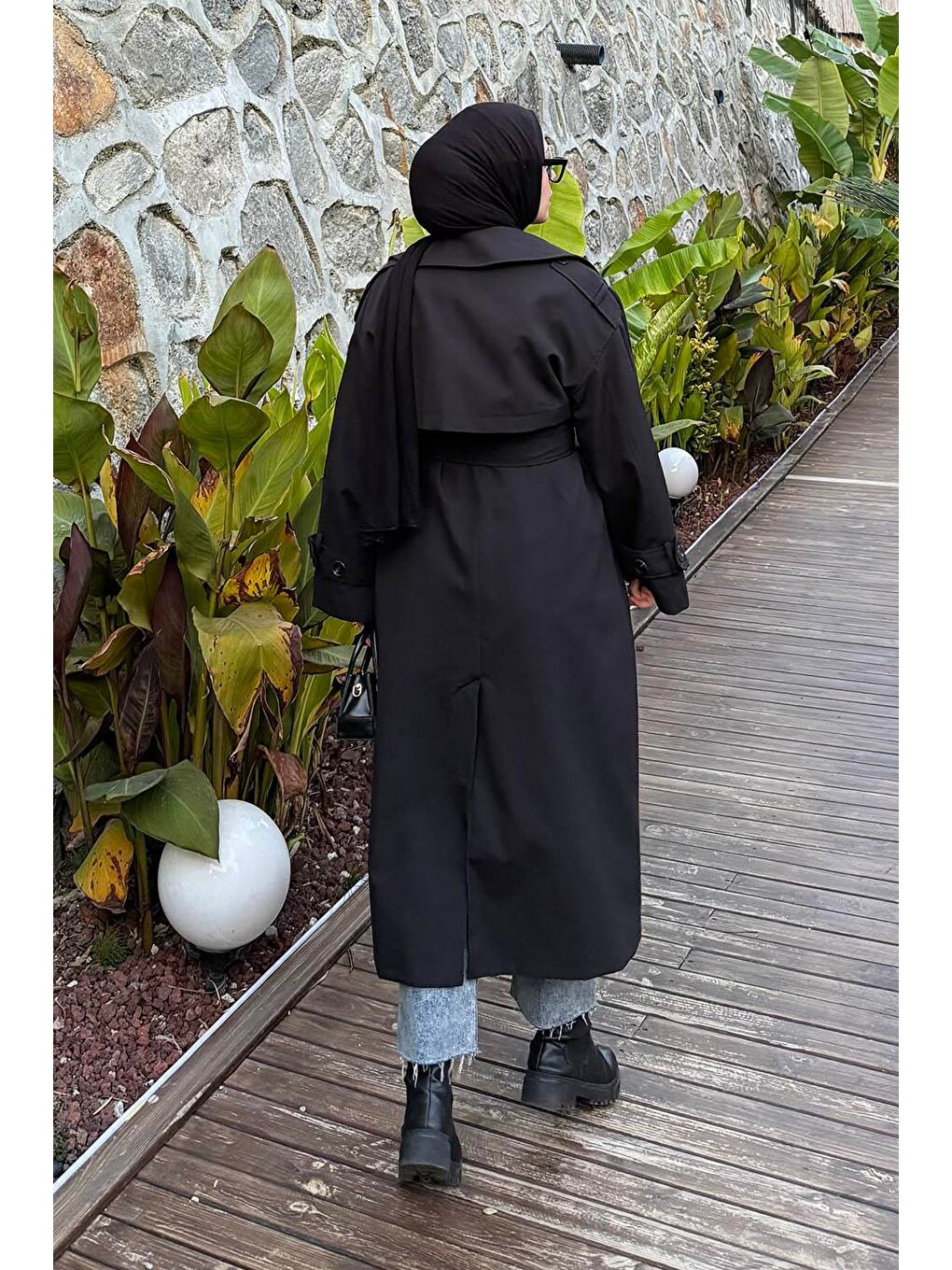 Omuz Apoletli Premium Trençkot Siyah-3