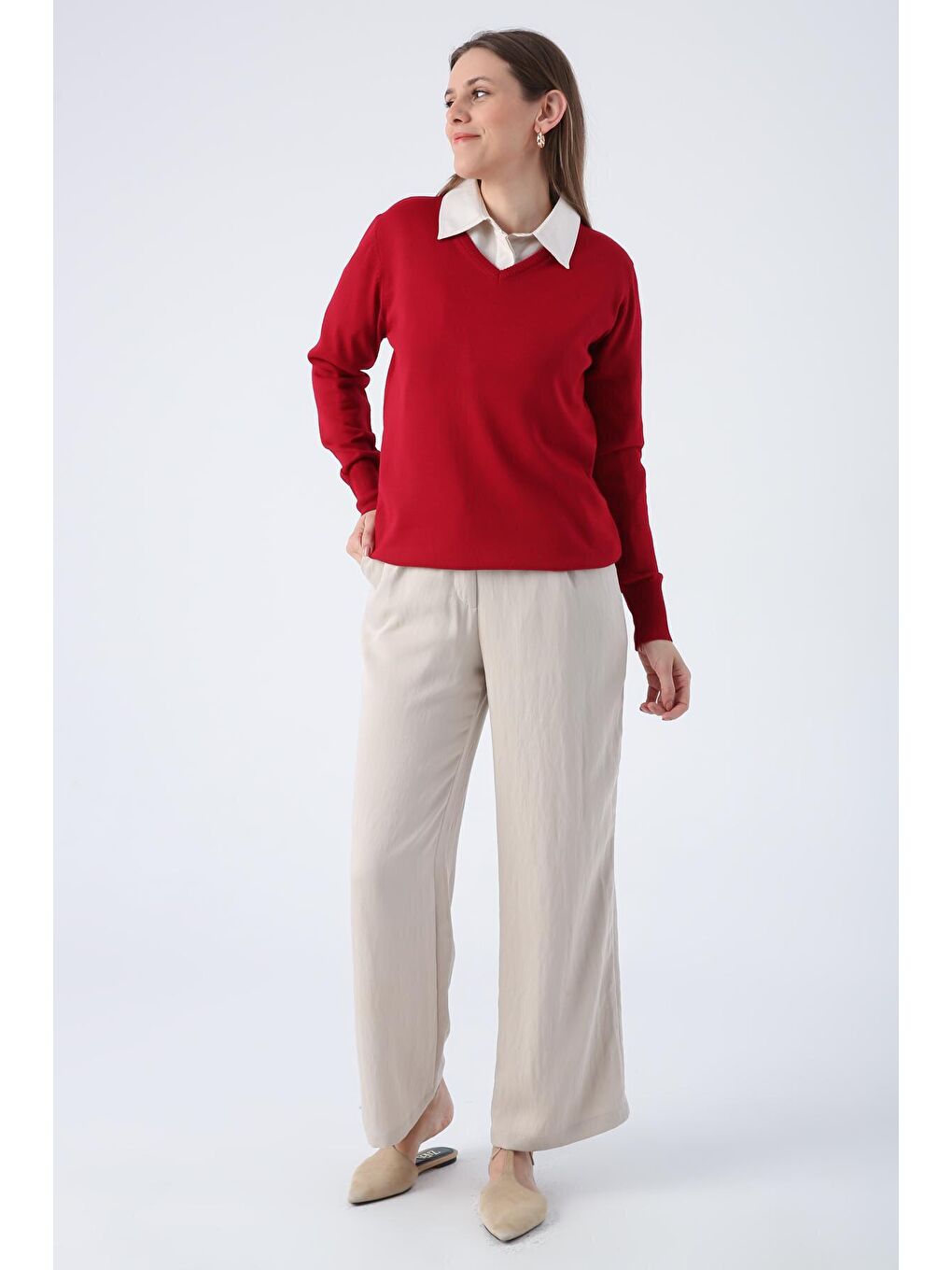 Kırmızı V Yaka Triko Kazak