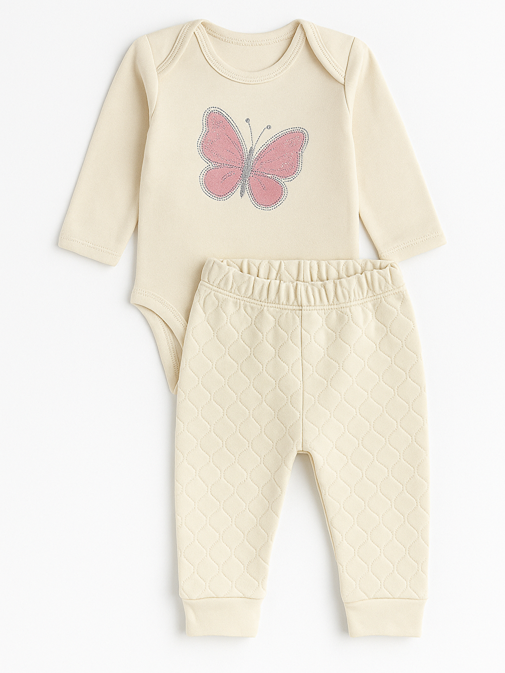 Ekru Kız Bebek Kelebekli Alt-Üst Takım 3lü Pamuklu-2