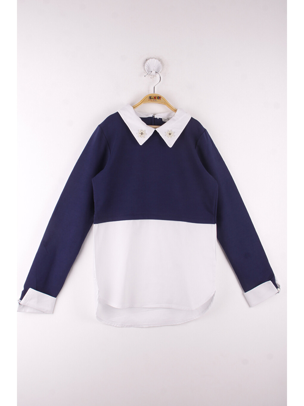 Lacivert Kız Çocuk Gömlek Detaylı Yakası İncili Okul Sweatshirt-1