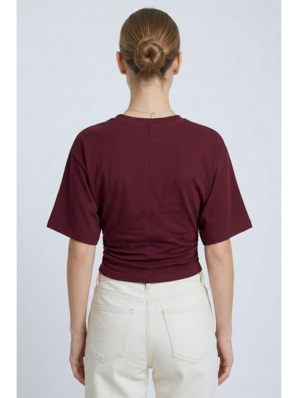 Bordo Bisiklet Yaka Beli Büzgülü Yarasa Kollu Crop Bluz-5