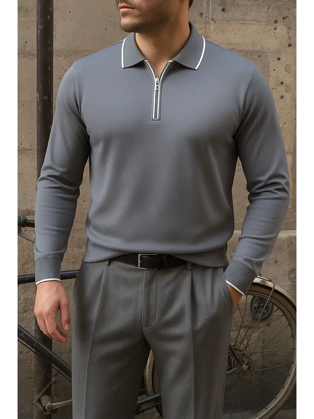 Gri Erkek Günlük Çizgili Trend Füme Polo Yaka Kazak