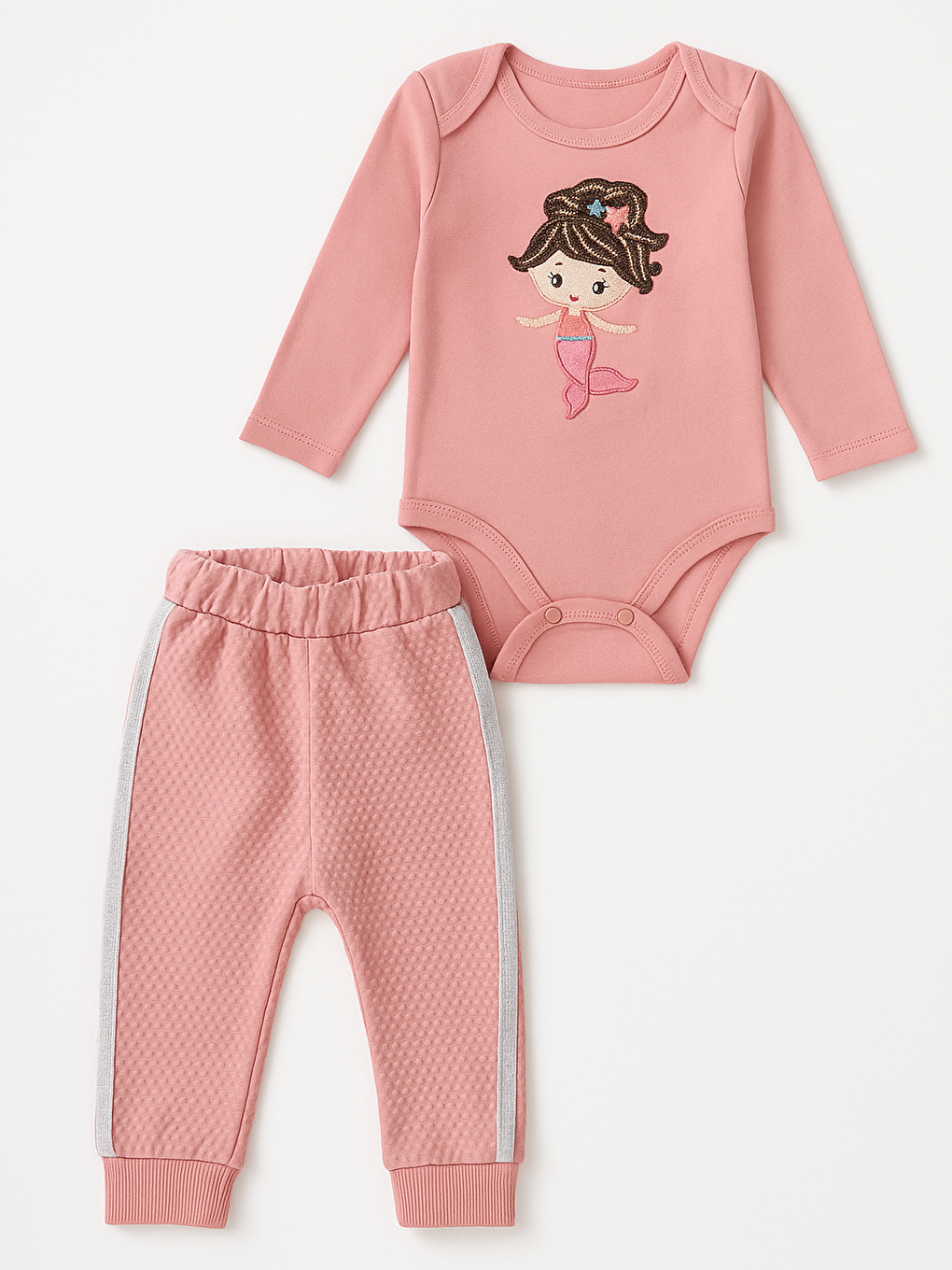 Pembe Kız Bebek DenizKızı 3lü Alt-Üst Hırkalı Takım Pamuklu-3