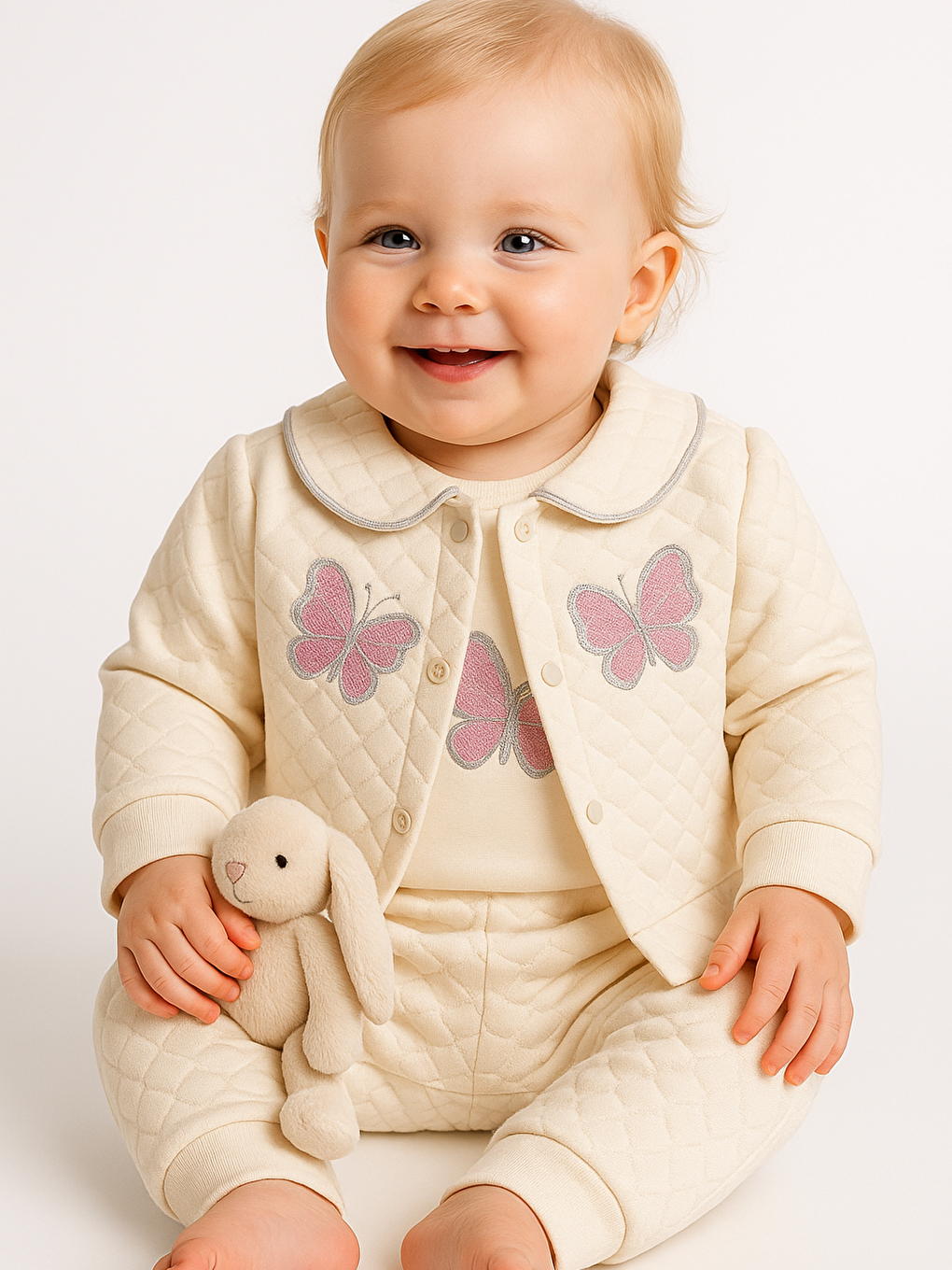 Ekru Kız Bebek Kelebekli Alt-Üst Takım 3lü Pamuklu-3