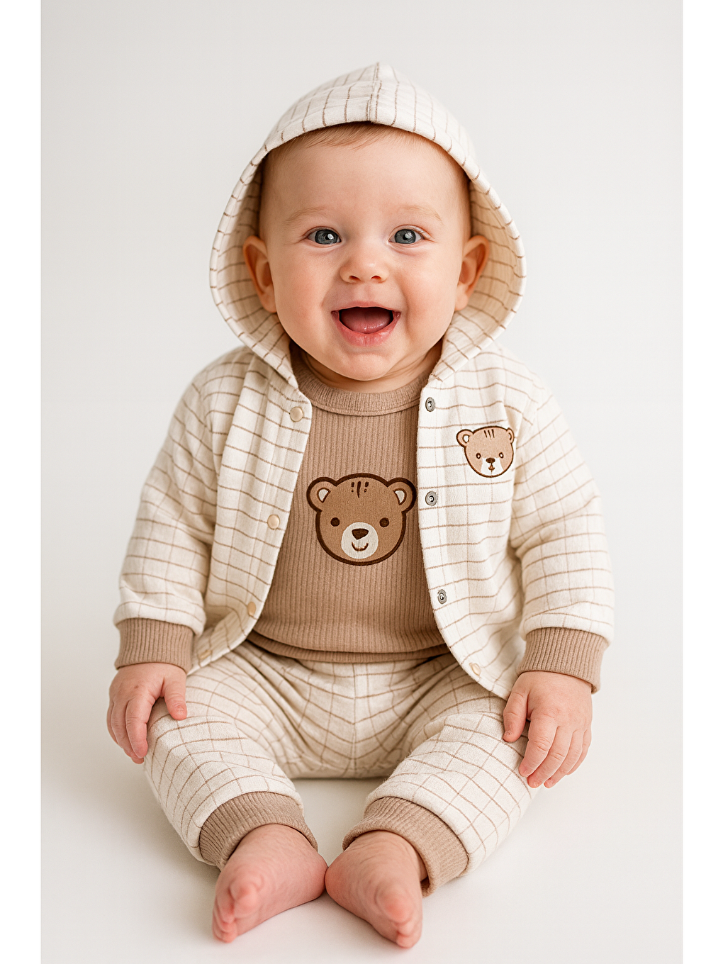 Beyaz Erkek Bebek 3lü Hırkalı Ayıcıklı Takım Pamuklu Uzun Kollu-1