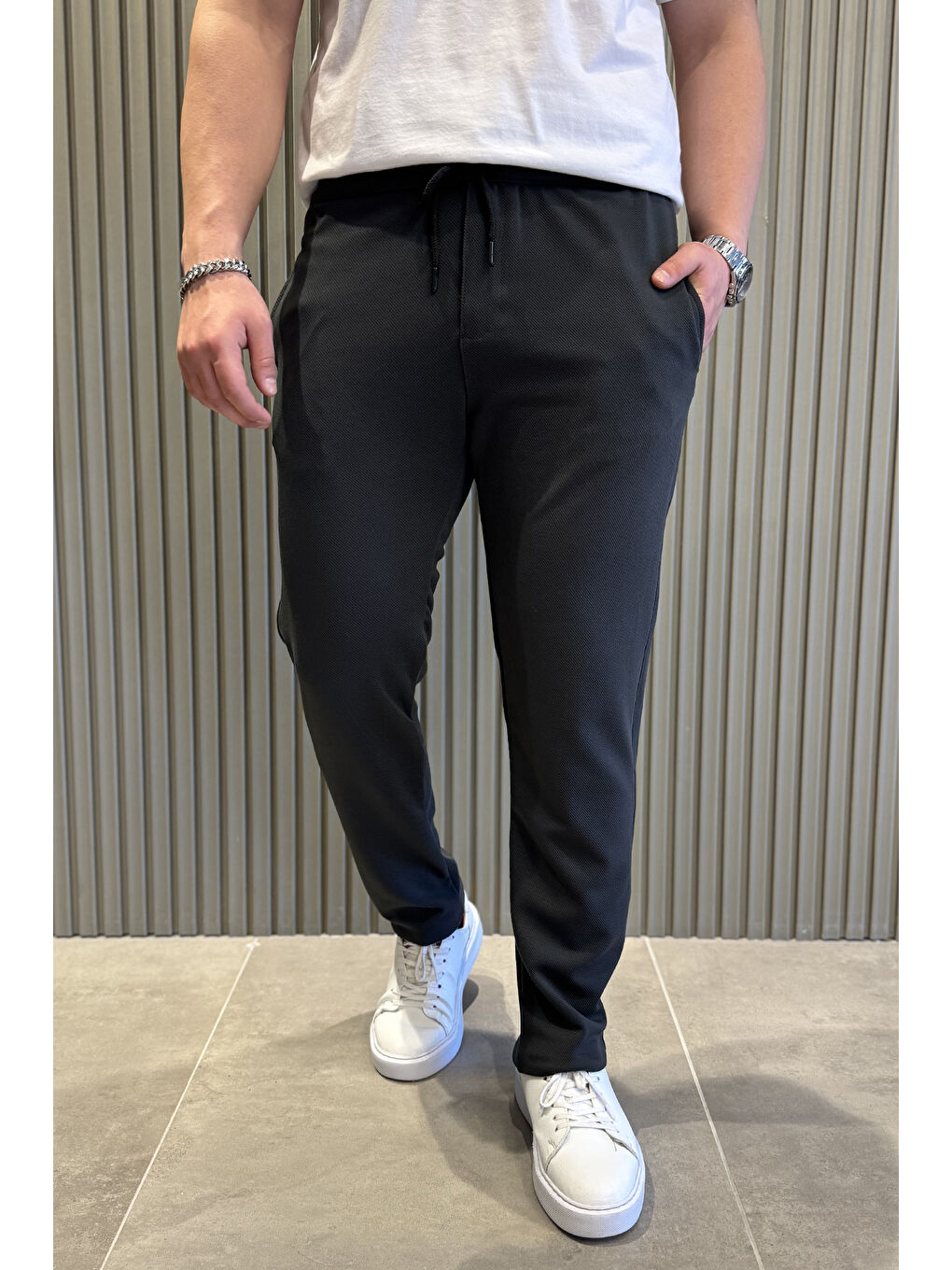 Gri Bel Bağcıklı Fermuarlı Erkek Jogger Pantolon