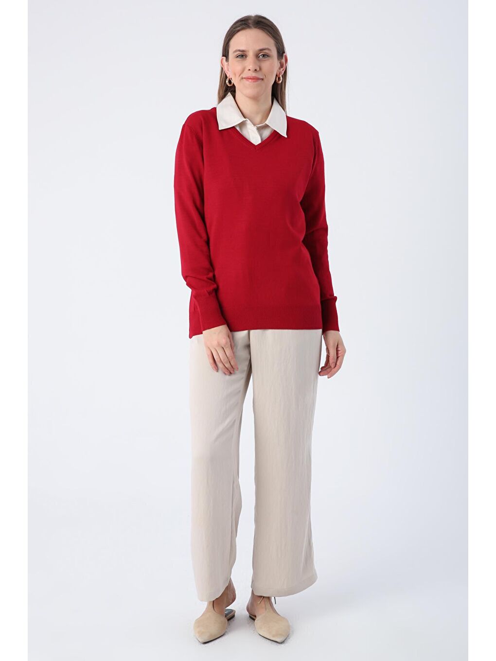 Kırmızı V Yaka Triko Kazak-1