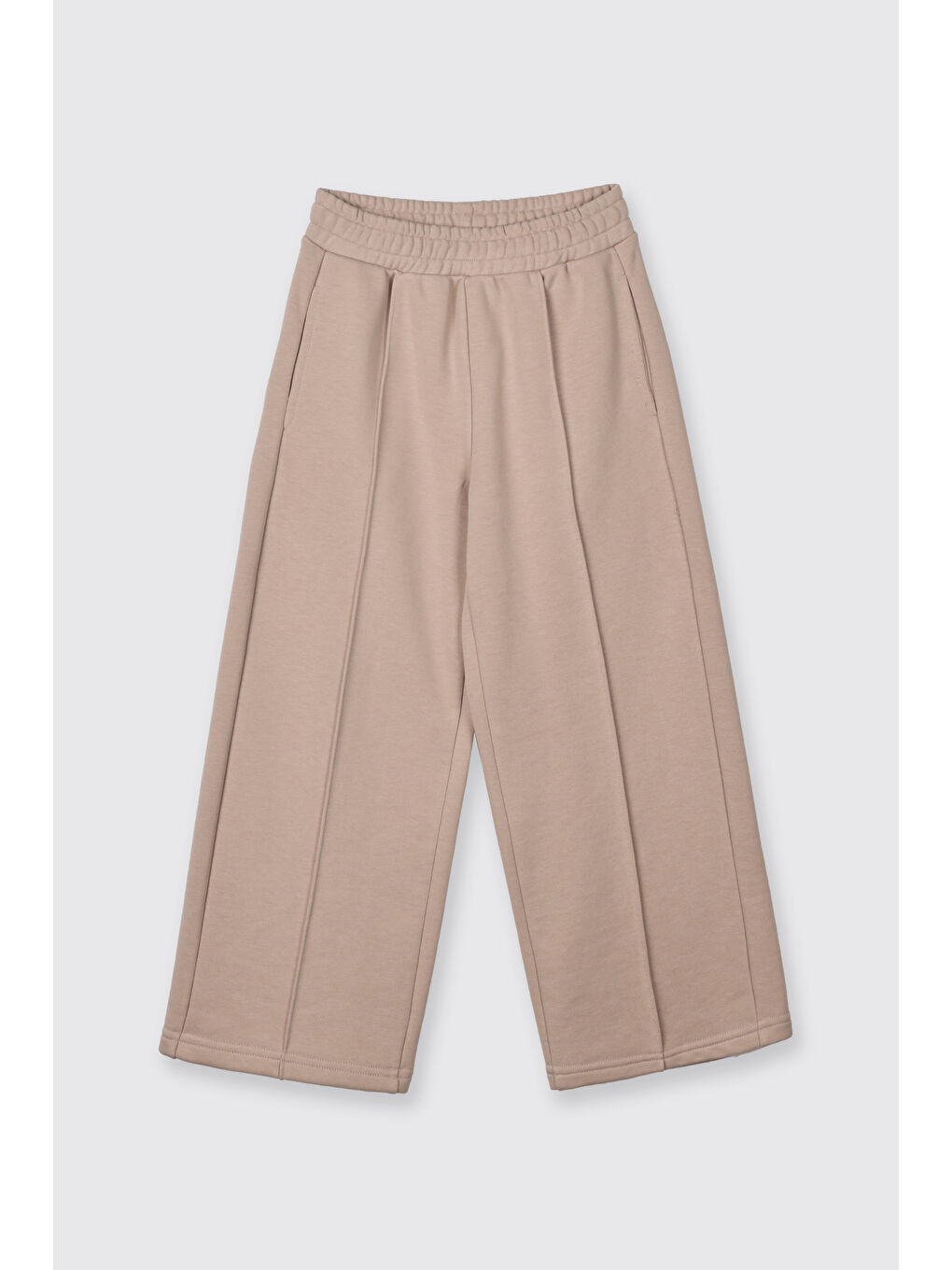 Kız Çocuk Beli Lastikli Bol Paça Dikiş Detaylı Bej Eşofman Altı