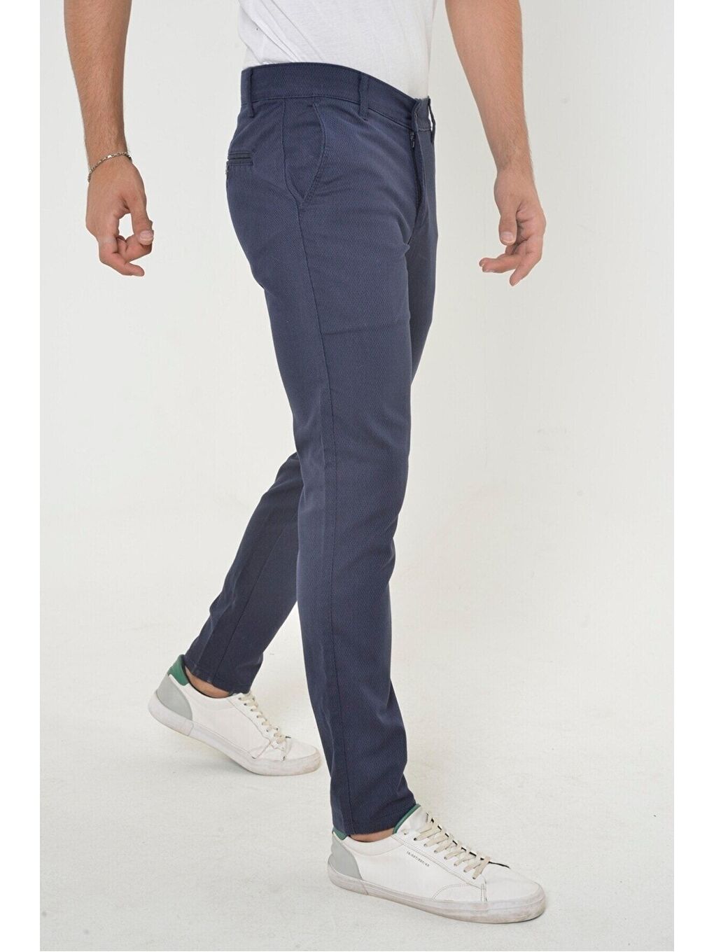 Erkek Lacivert Slim Fit Dar Kesim Örgü Kumaş Yan Cep Pamuk Chino Pantolon-2