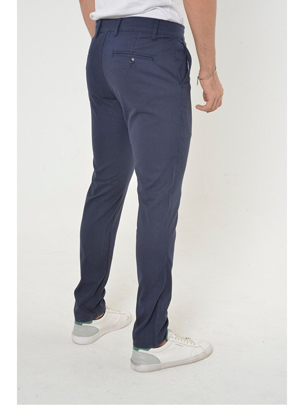 Erkek Lacivert Slim Fit Dar Kesim Örgü Kumaş Yan Cep Pamuk Chino Pantolon-3