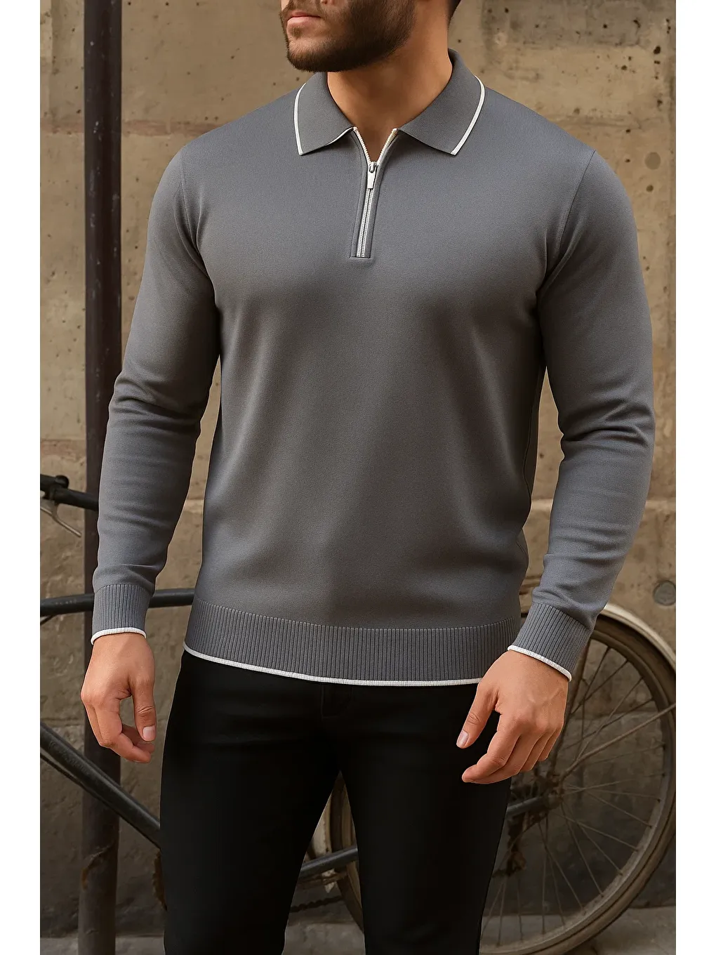 Gri Erkek Günlük Çizgili Trend Füme Polo Yaka Kazak-1