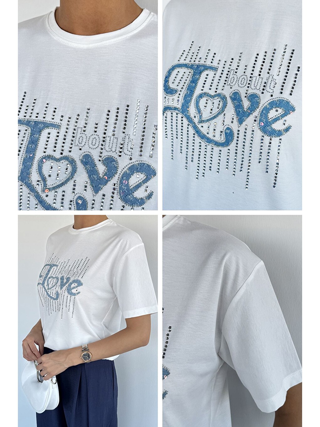Beyaz Kadın Love Aplikeli Tişört-2