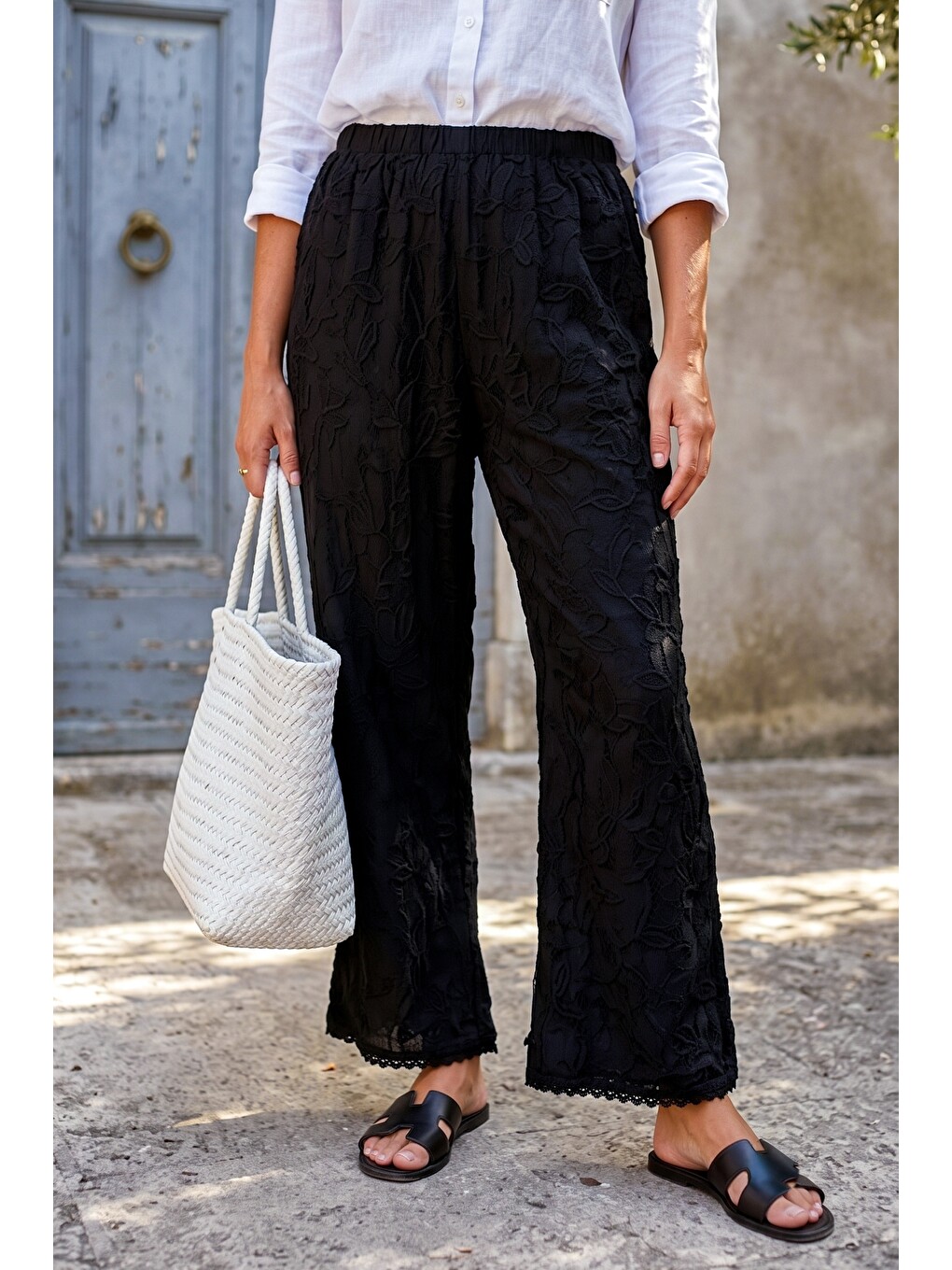 Siyah Astarlı Brodeli Lastikli Bel Casual Organze Kumaş Dokuma Pantolon 103 65-5