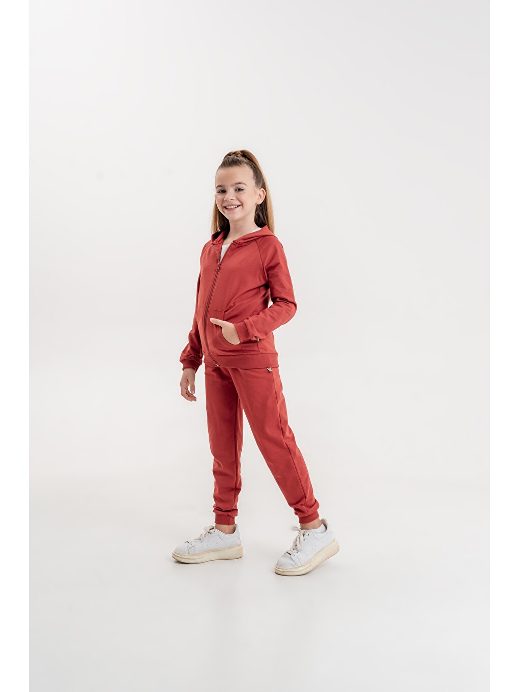 Kahverengi Basic Kız Çocuk Spor Fermuarlı Eşofman Takımı-1