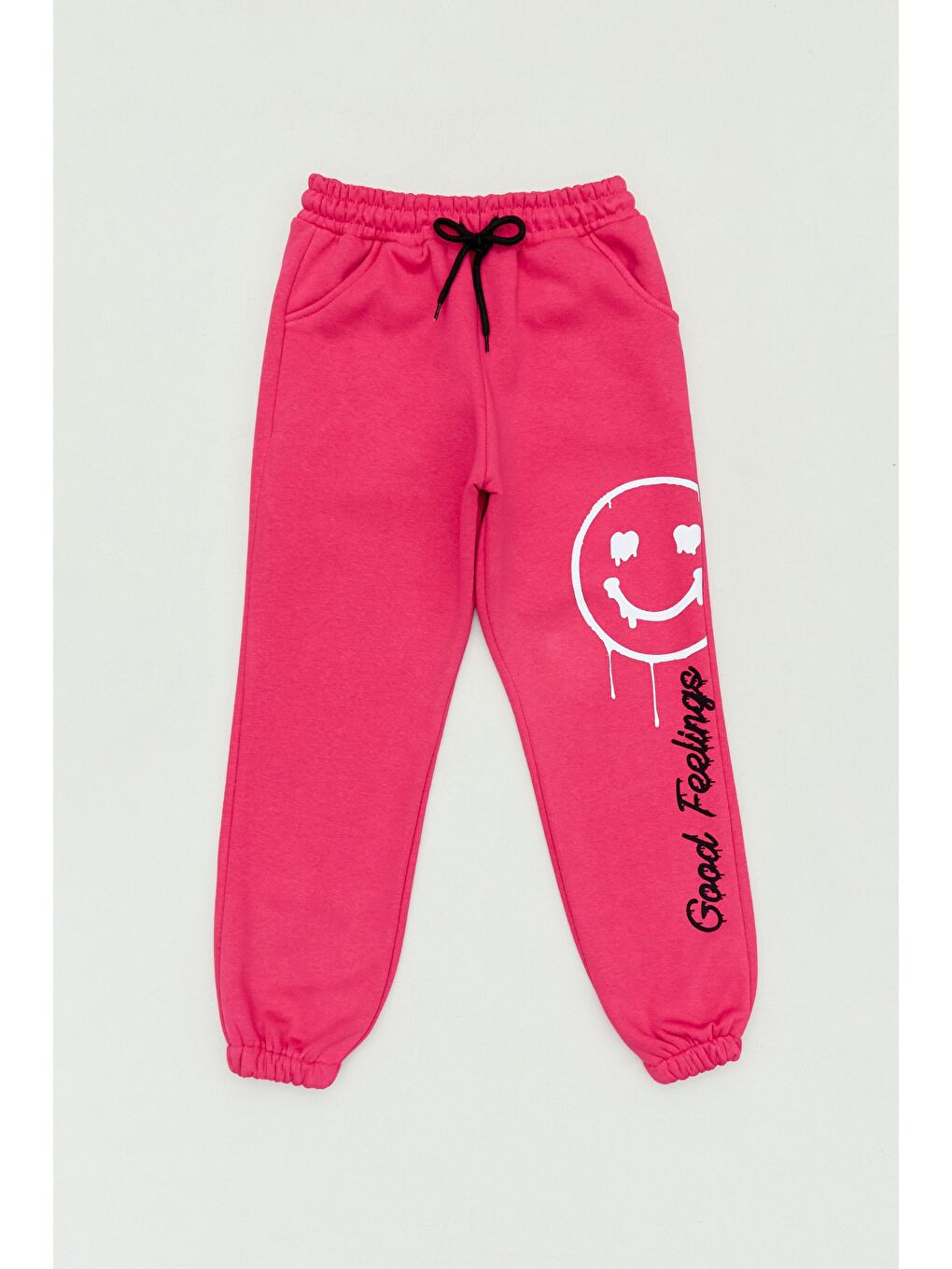 Fuşya 3 İplik Gülen Yüz Baskılı Kız Çocuk Eşofman Altı