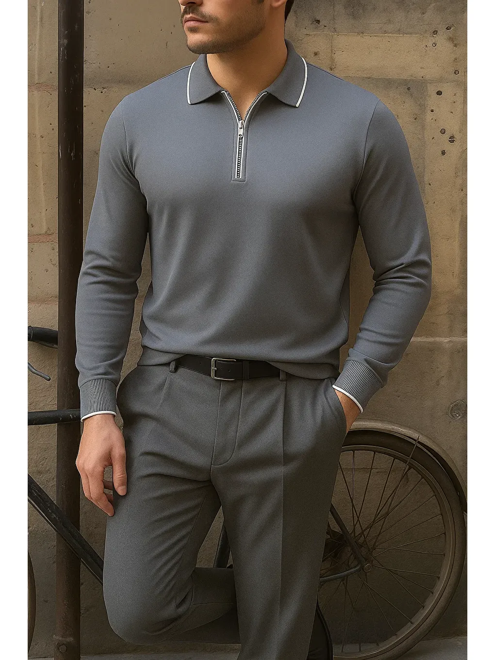 Gri Erkek Günlük Çizgili Trend Füme Polo Yaka Kazak-2