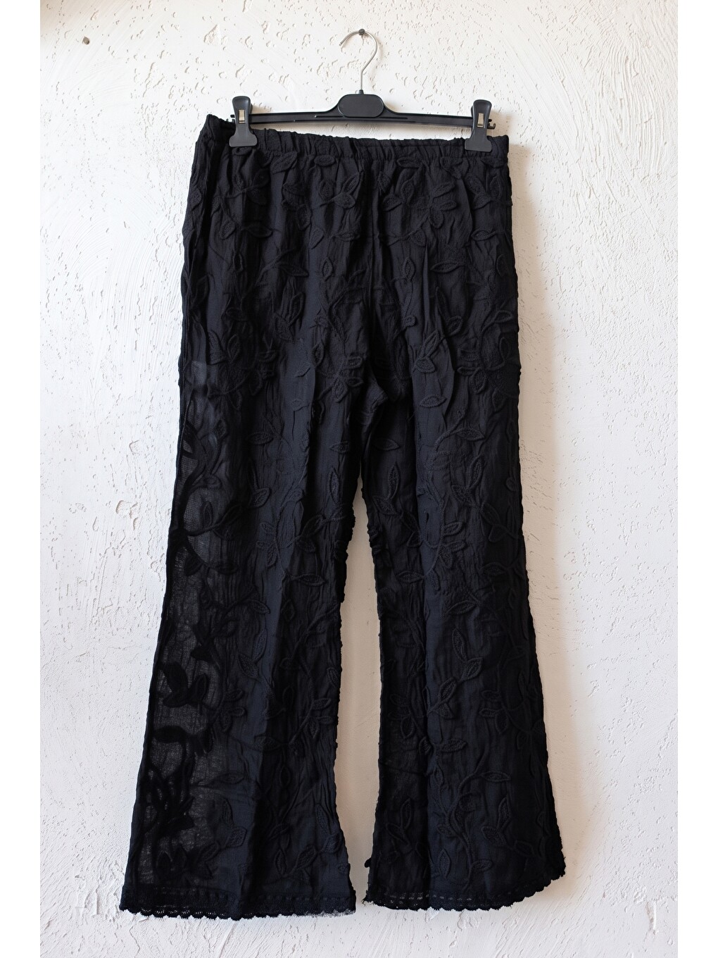 Siyah Astarlı Brodeli Lastikli Bel Casual Organze Kumaş Dokuma Pantolon 103 65-6