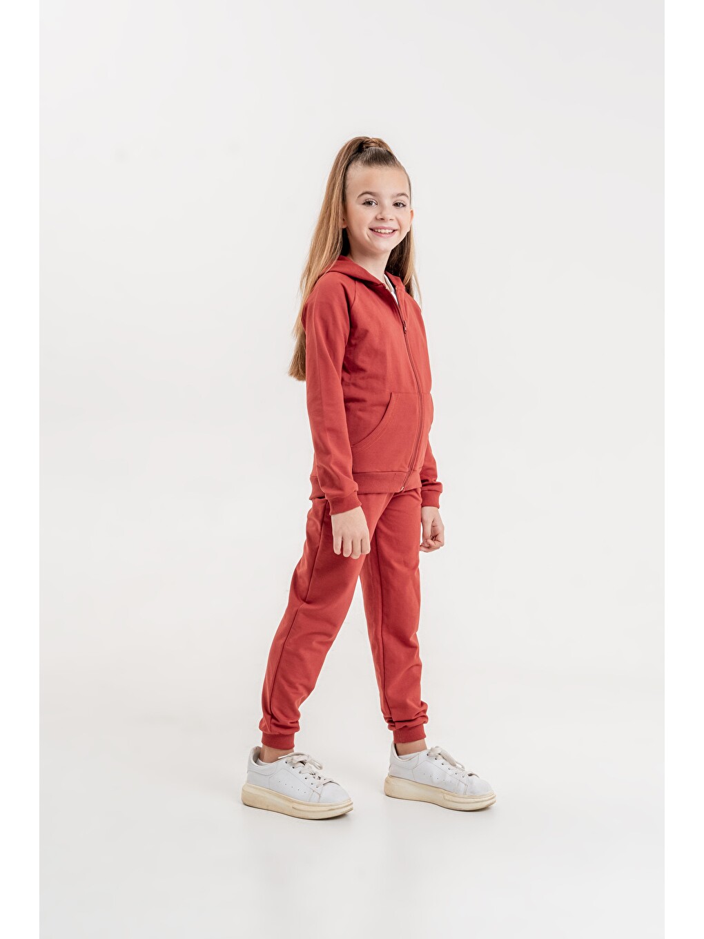 Kahverengi Basic Kız Çocuk Spor Fermuarlı Eşofman Takımı-3