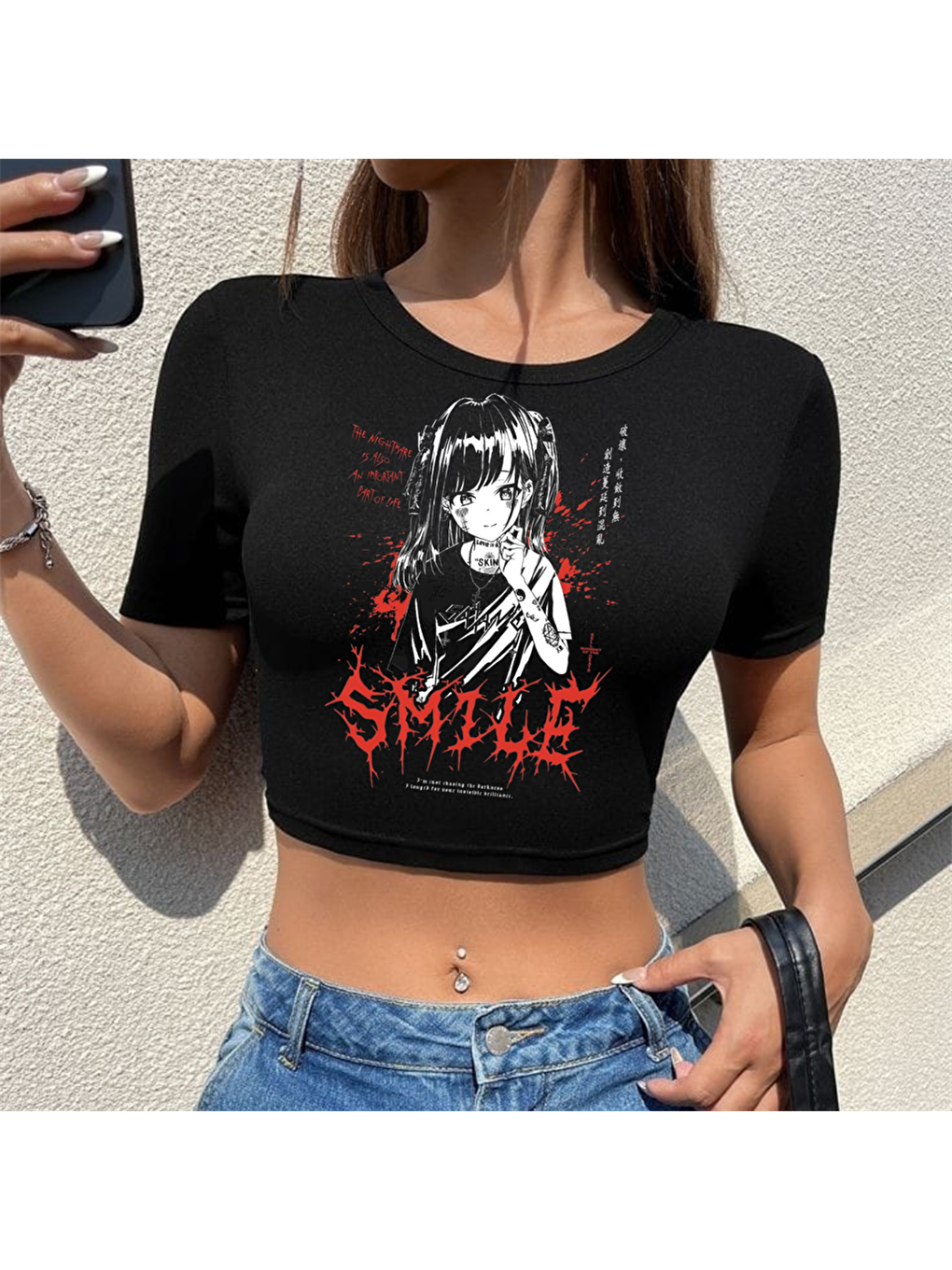 Touz Moda Siyah Gothic Girl Smile Baskılı Siyah Crop