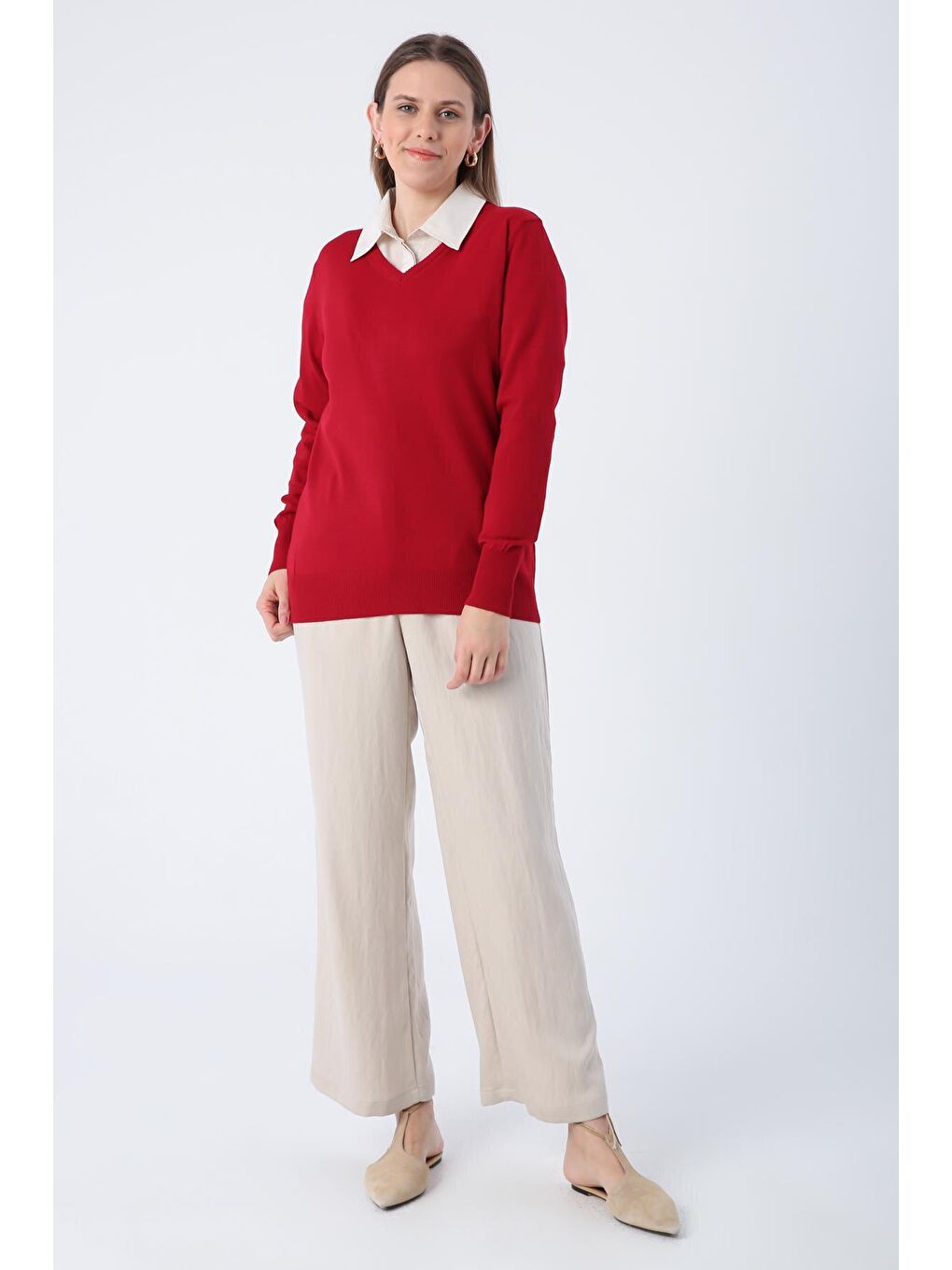 Kırmızı V Yaka Triko Kazak-2
