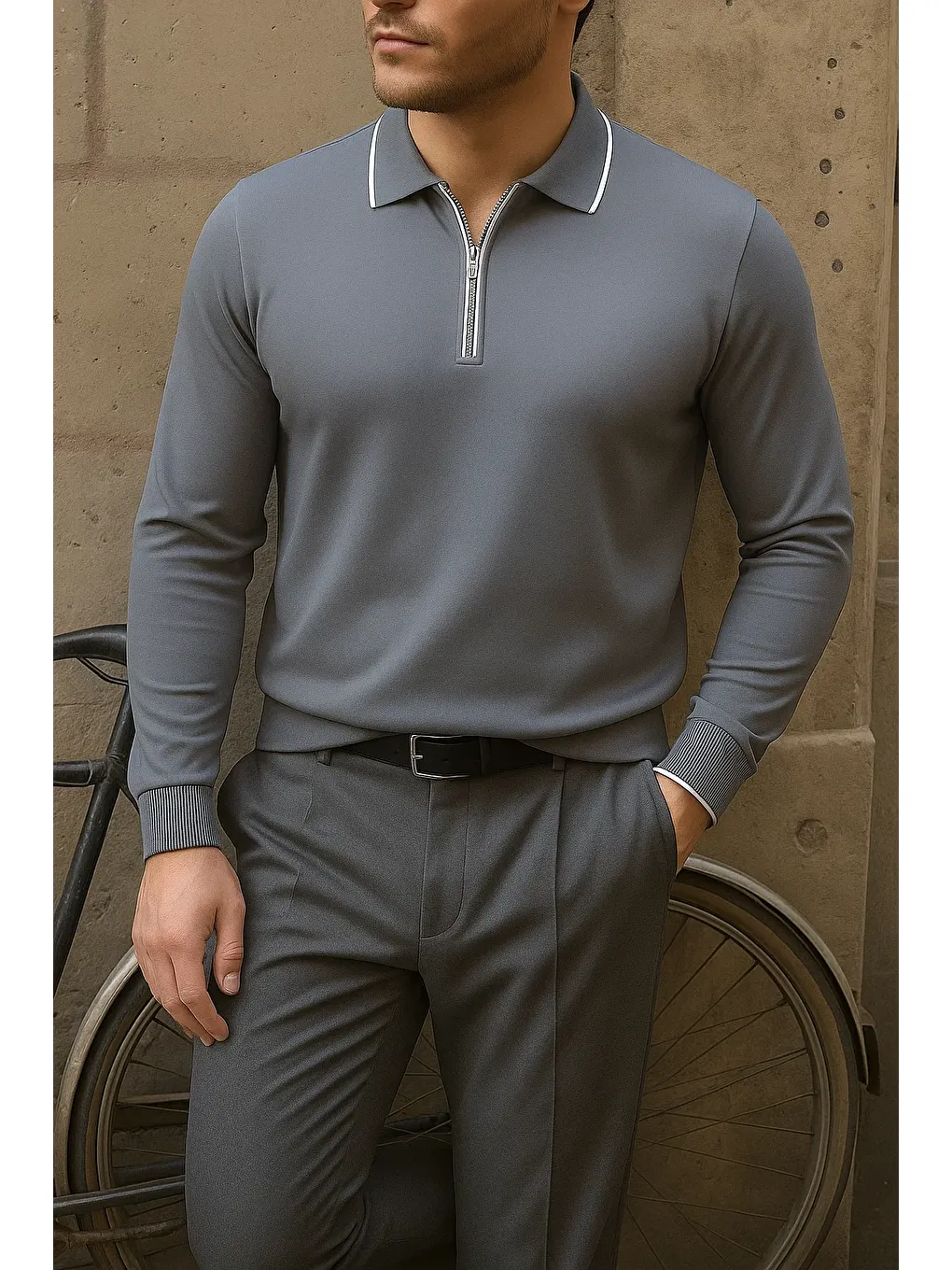 Gri Erkek Günlük Çizgili Trend Füme Polo Yaka Kazak-3