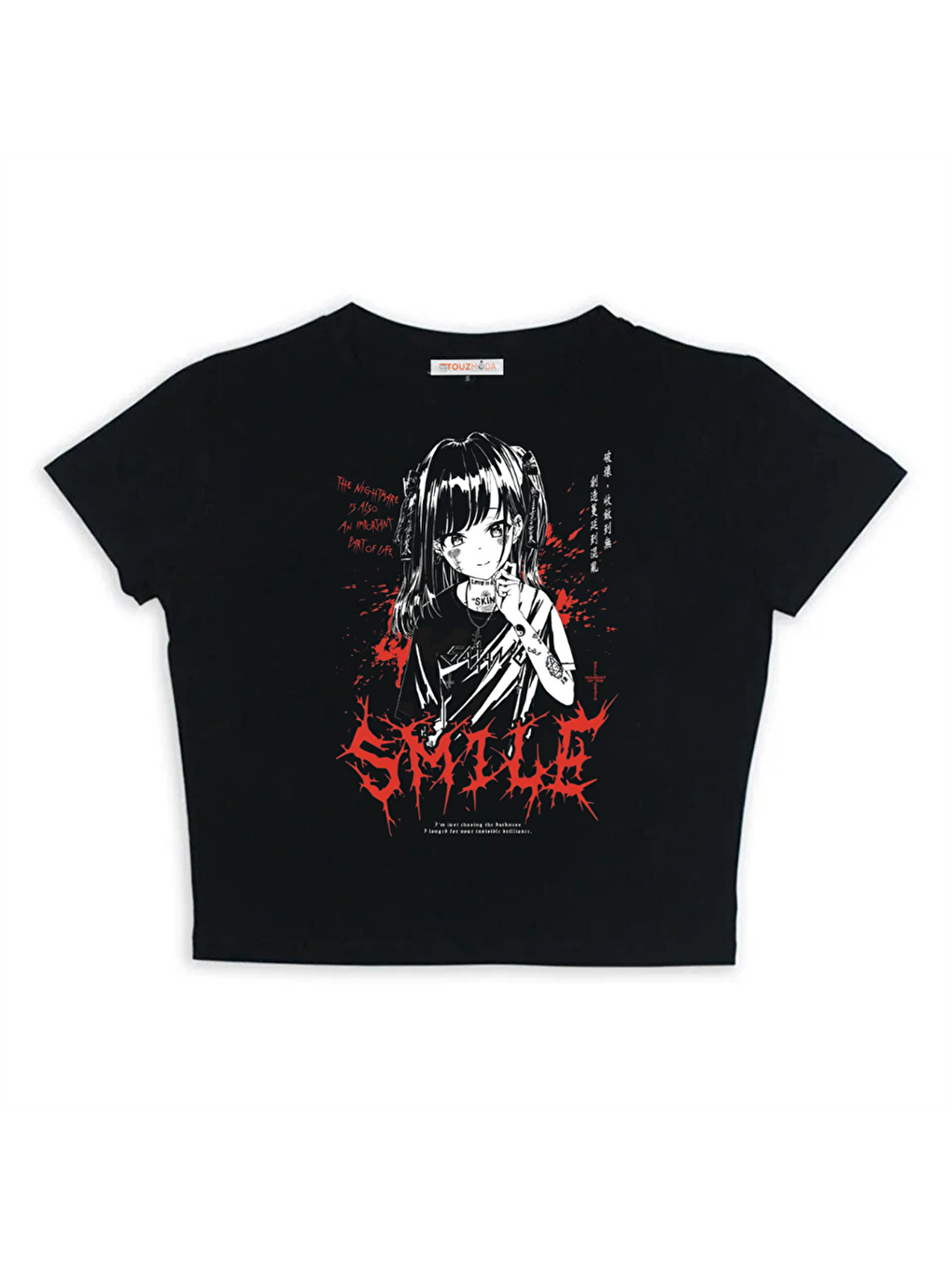 Touz Moda Siyah Gothic Girl Smile Baskılı Siyah Crop - 1