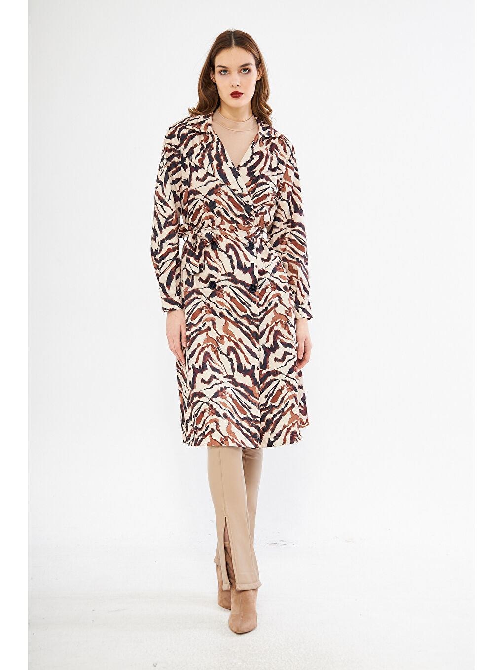 Bej Astarsız Cepli Düğmeli Kuşaklı Yazlık Trenç-2