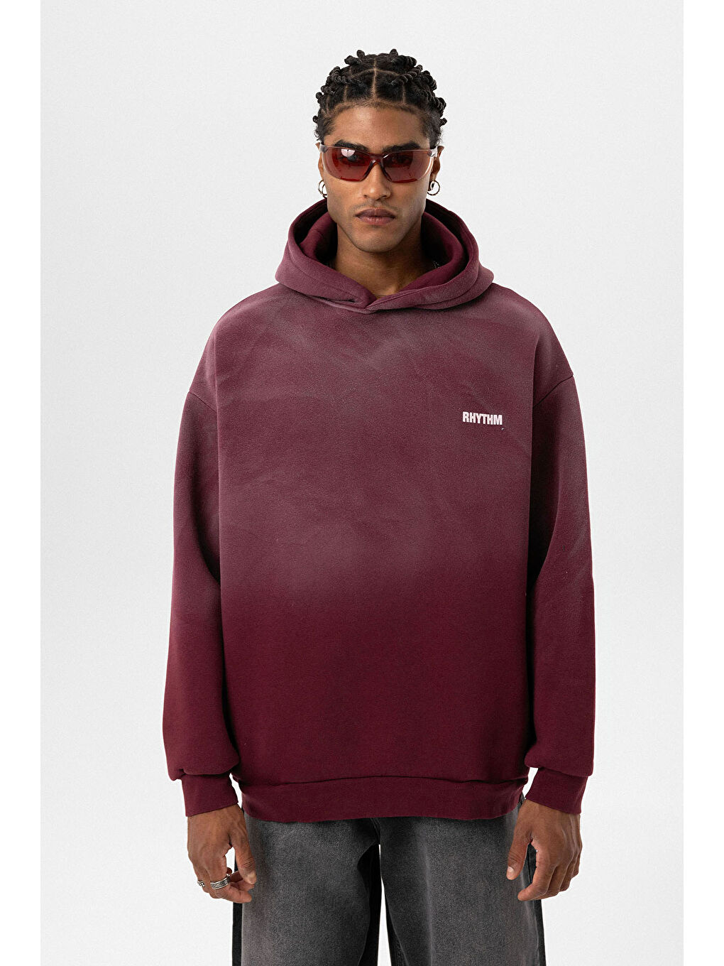 VAMOSCLO Bordo Arka Baskılı Oversize Kapüşonlu Erkek Sweatshirt - 1