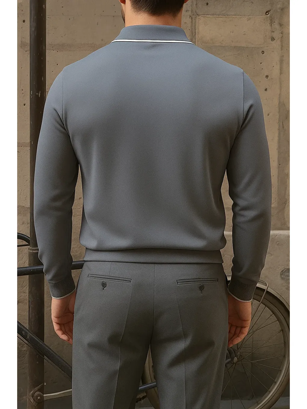 Gri Erkek Günlük Çizgili Trend Füme Polo Yaka Kazak-4