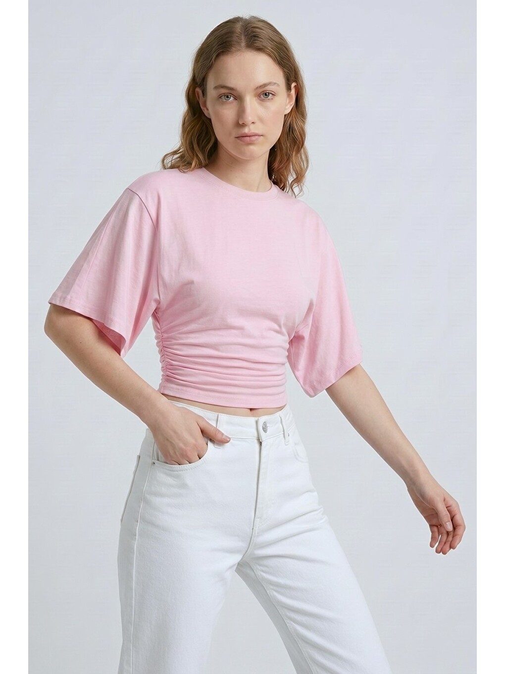 Pembe Bisiklet Yaka Beli Büzgülü Yarasa Kollu Crop Bluz