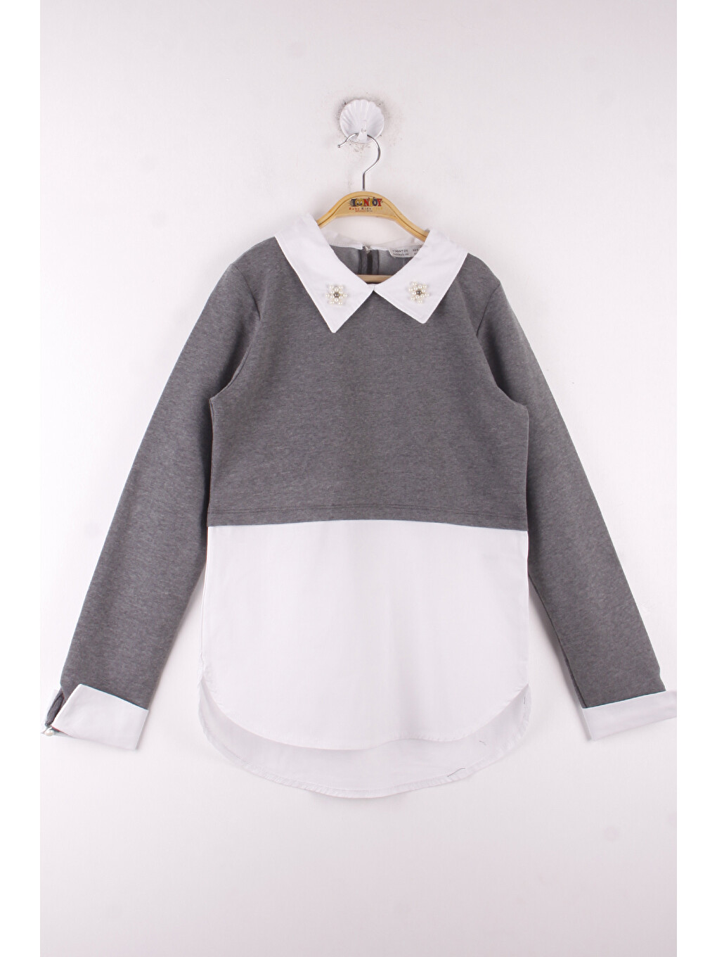 Antrasit Kız Çocuk Gömlek Detaylı Yakası İncili Okul Sweatshirt