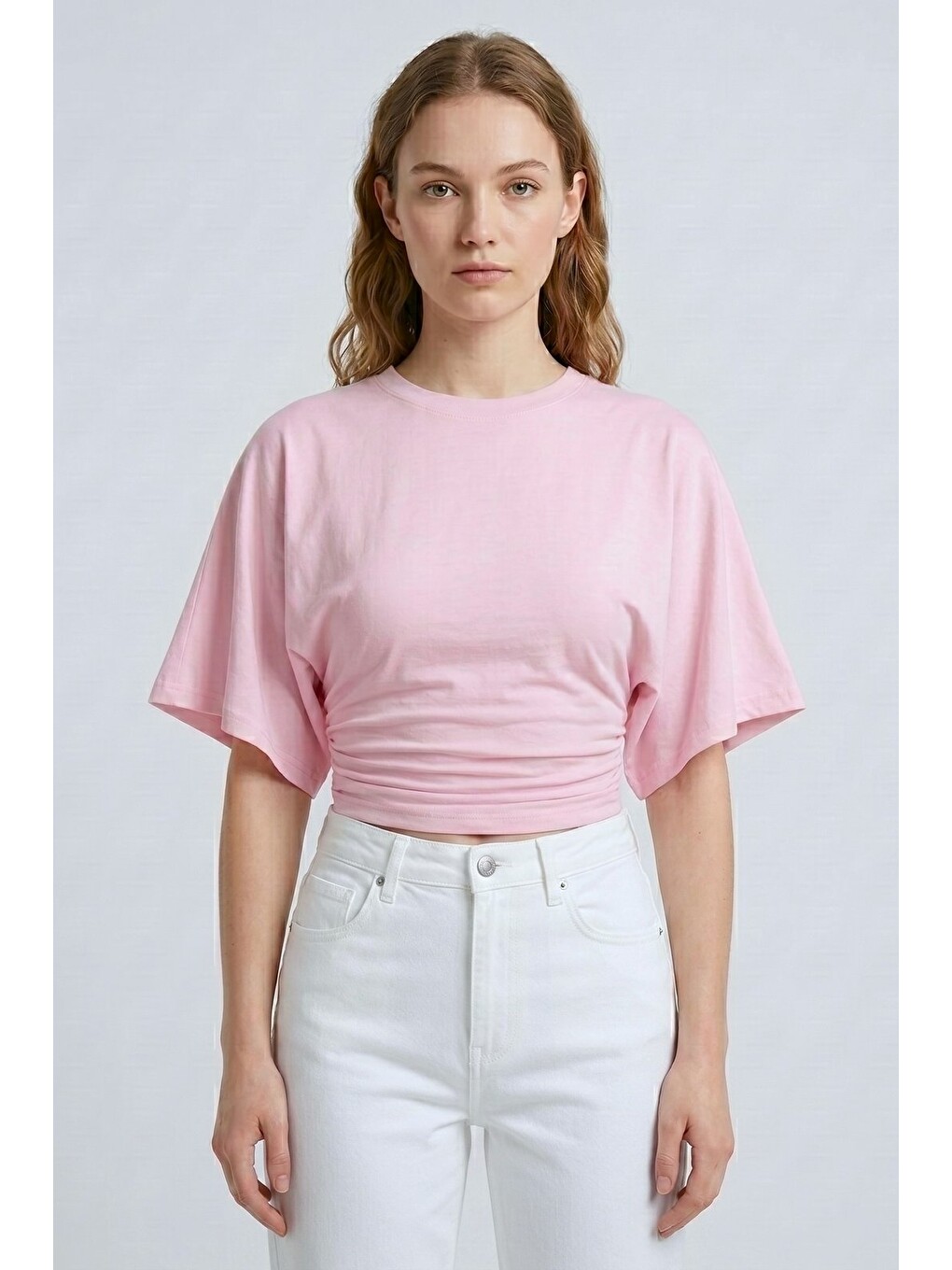 Pembe Bisiklet Yaka Beli Büzgülü Yarasa Kollu Crop Bluz-1