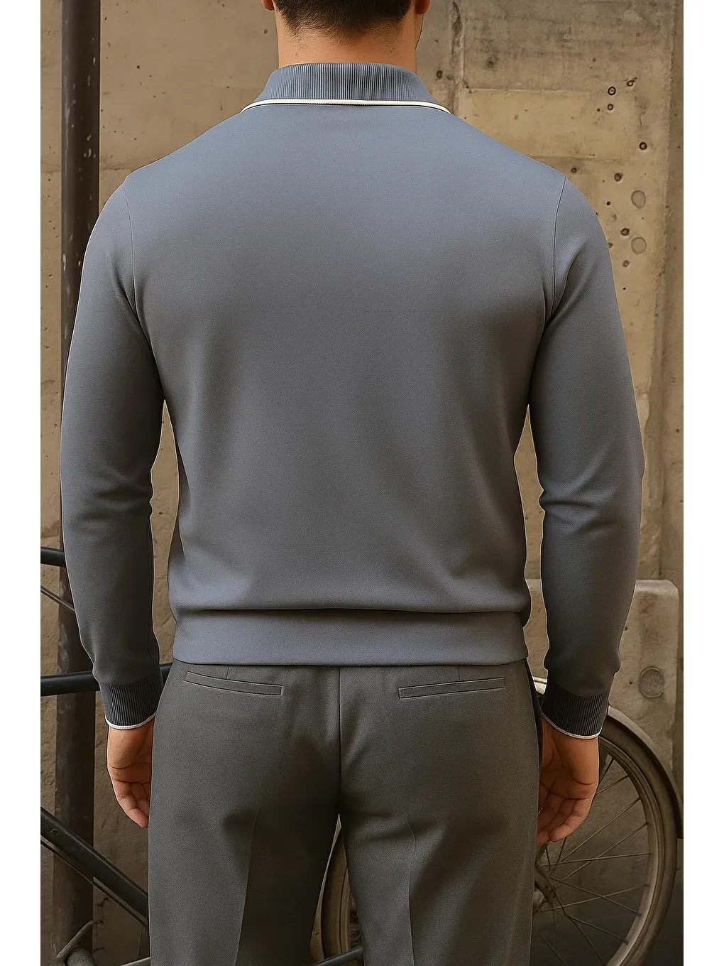 Gri Erkek Günlük Çizgili Trend Füme Polo Yaka Kazak-5