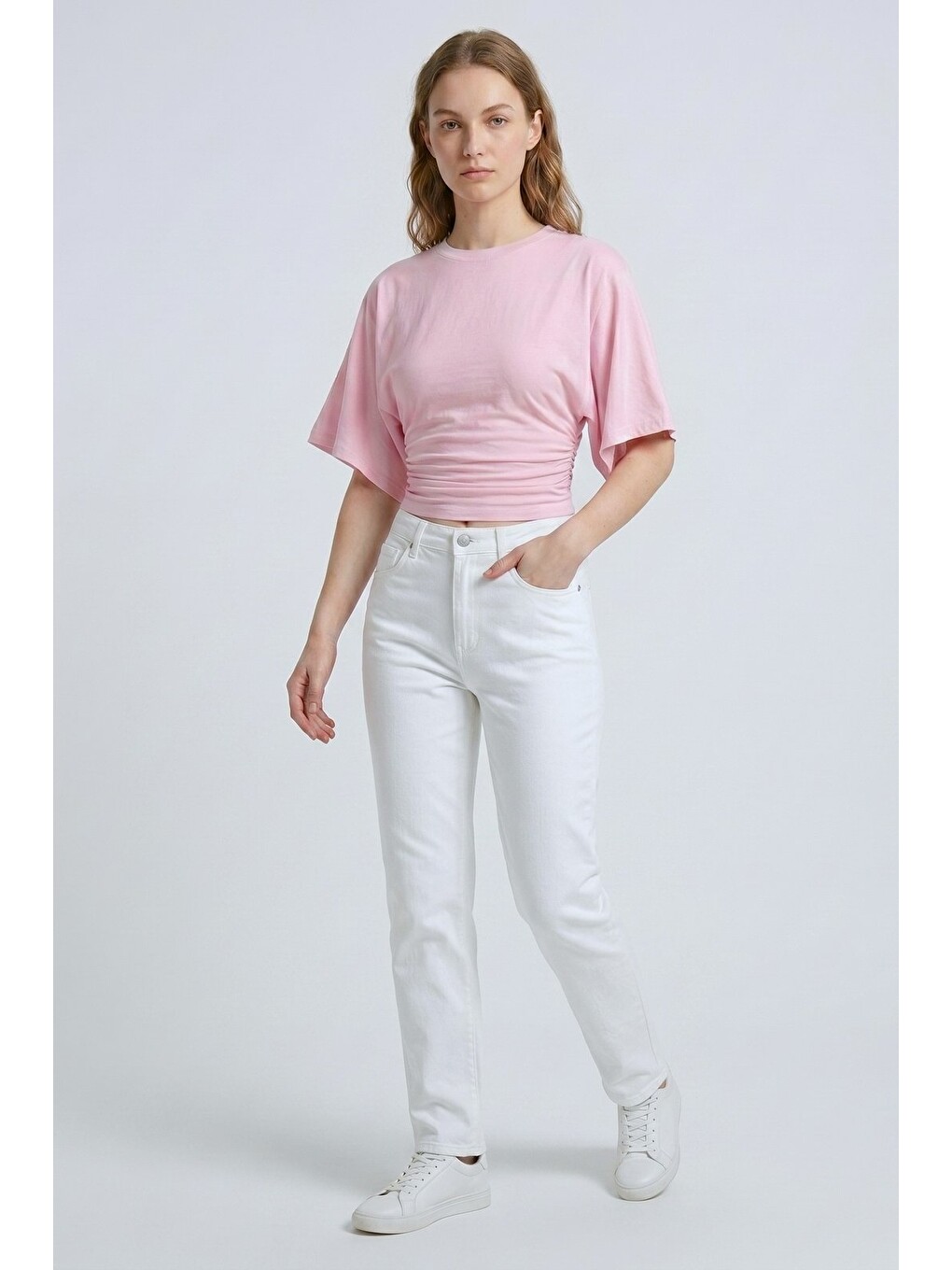Pembe Bisiklet Yaka Beli Büzgülü Yarasa Kollu Crop Bluz-2