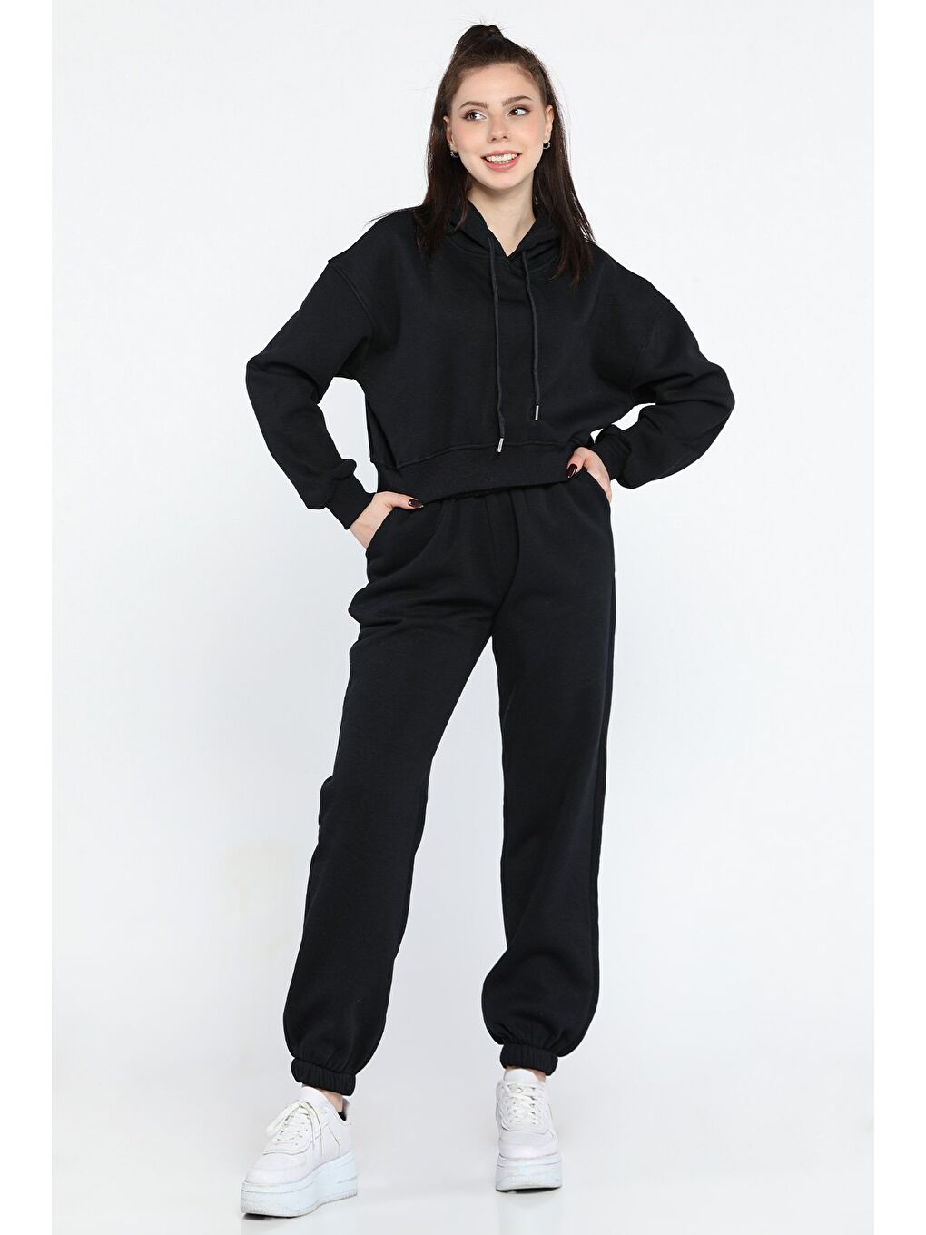 Lacivert Kadın Kapüşonlu Üç İplik Şardonlu Eşofman Takımı-1