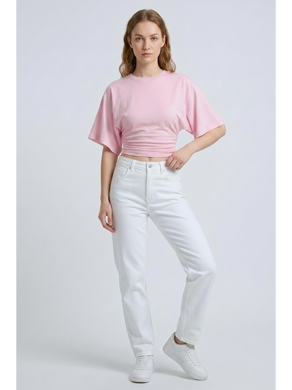 Pembe Bisiklet Yaka Beli Büzgülü Yarasa Kollu Crop Bluz-3