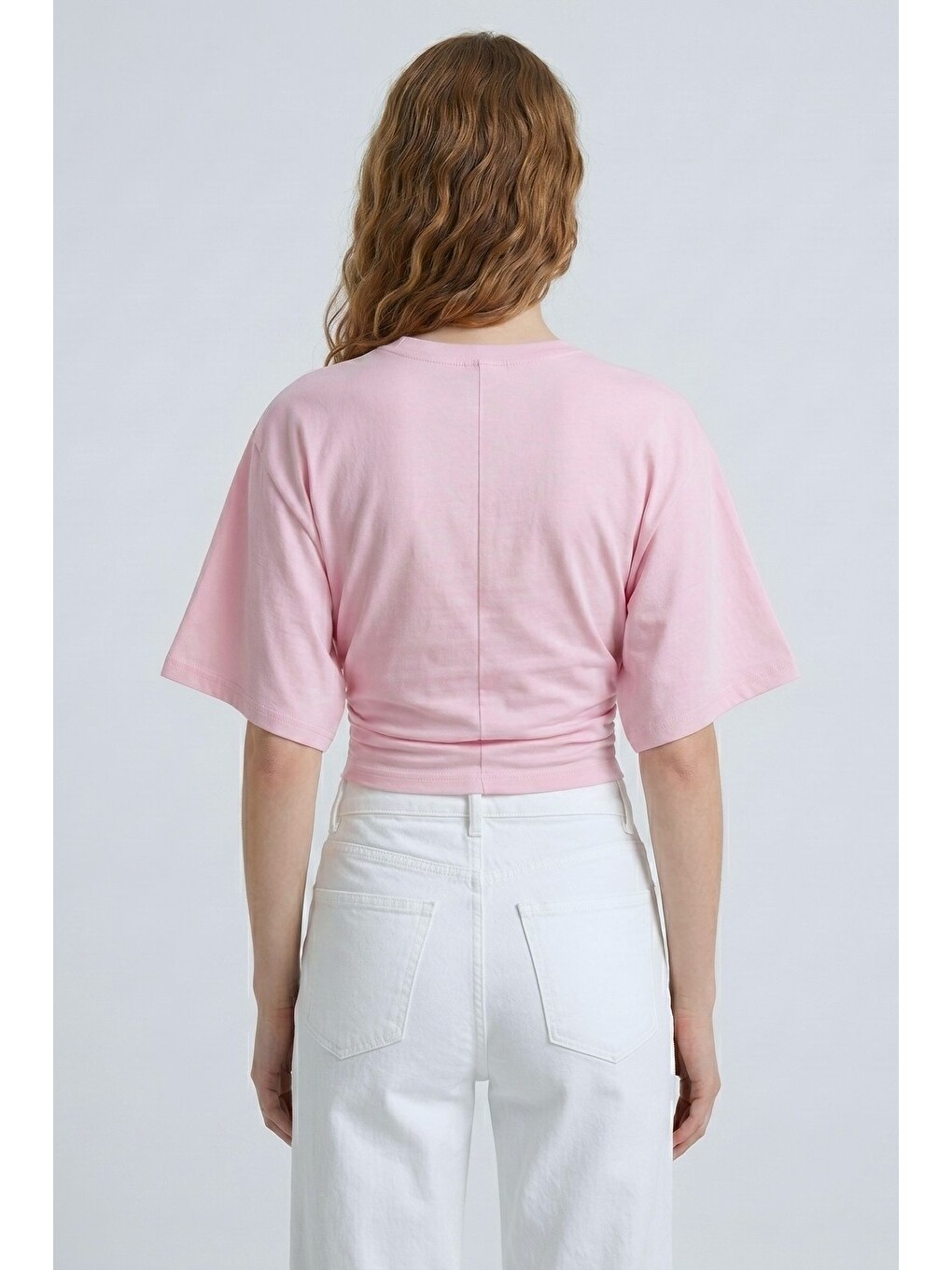 Pembe Bisiklet Yaka Beli Büzgülü Yarasa Kollu Crop Bluz-4