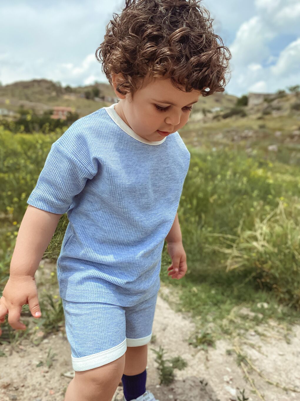 Mavi Oversize Waffle Takım