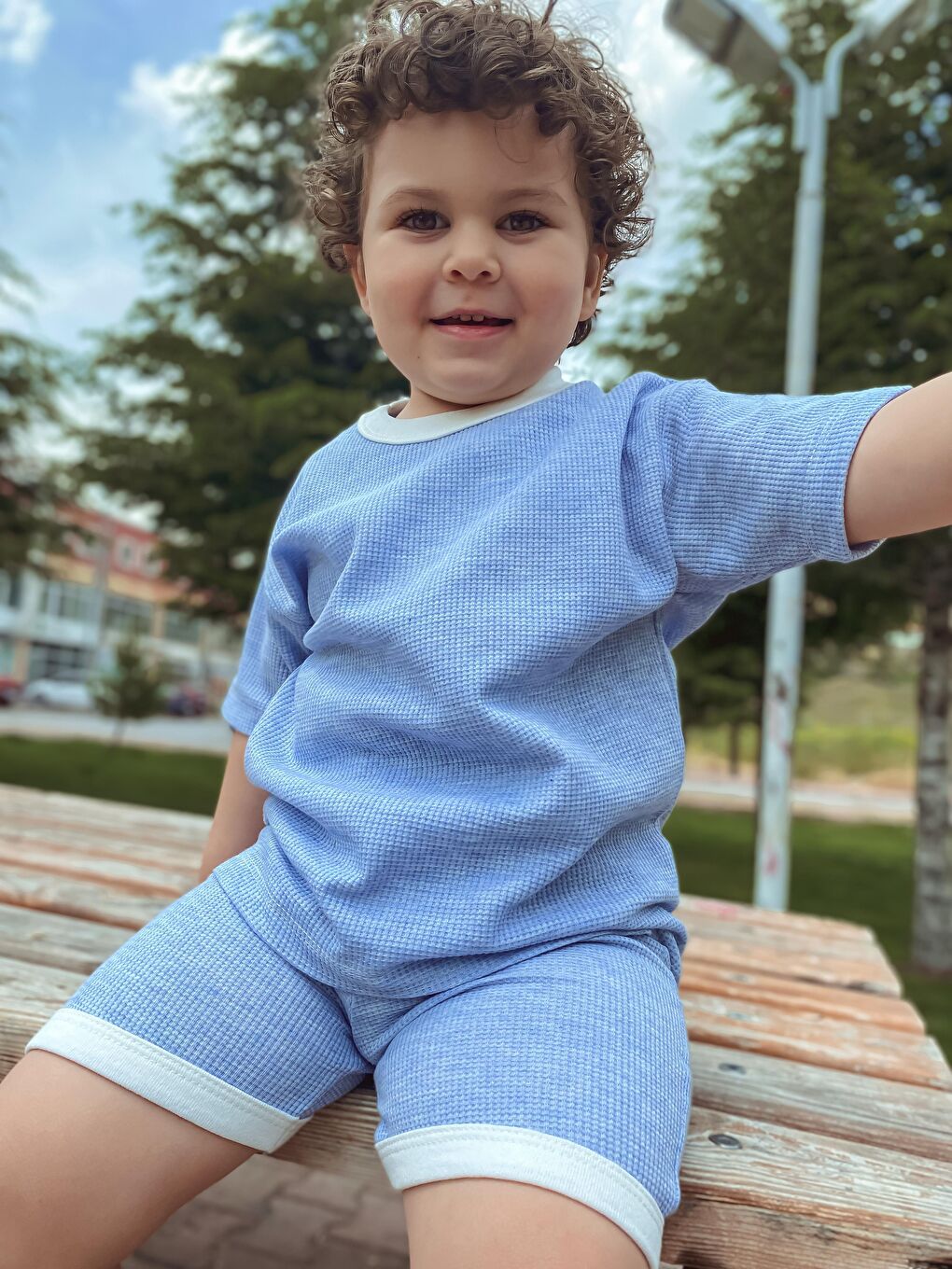 Mavi Oversize Waffle Takım-1