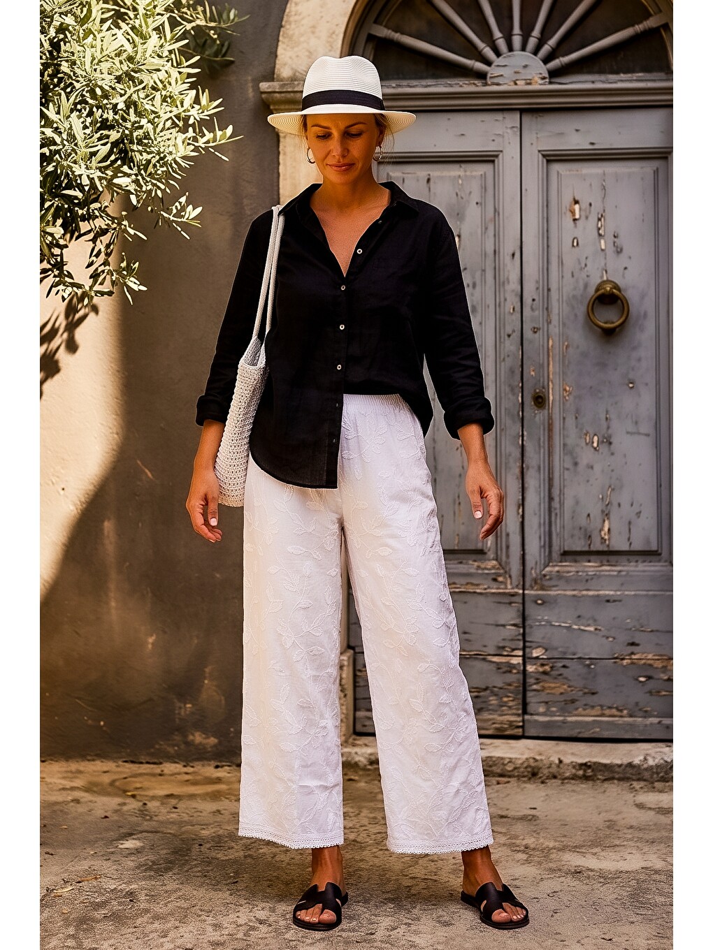 Beyaz Astarlı Brodeli Lastikli Bel Casual Organze Kumaş Dokuma Pantolon 103 65-3