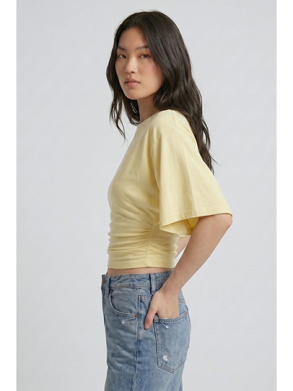 Sarı Bisiklet Yaka Beli Büzgülü Yarasa Kollu Crop Bluz-2